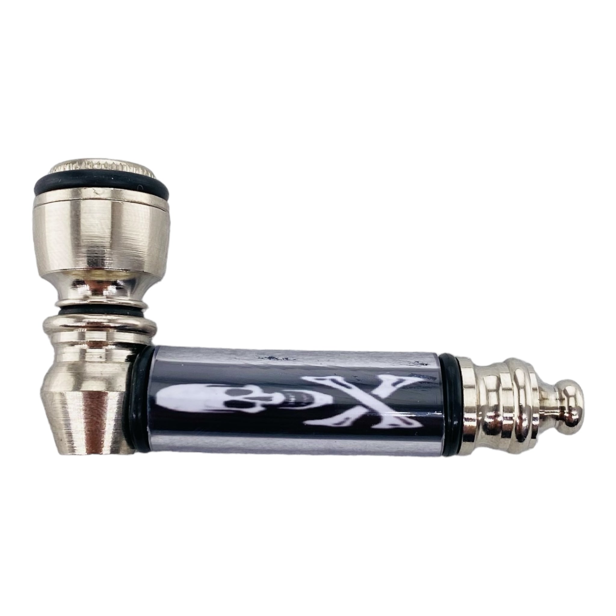 Metal Hand Pipes - Silver Chrome Hand Pipe With Skull And Crossbones Plastic Stem