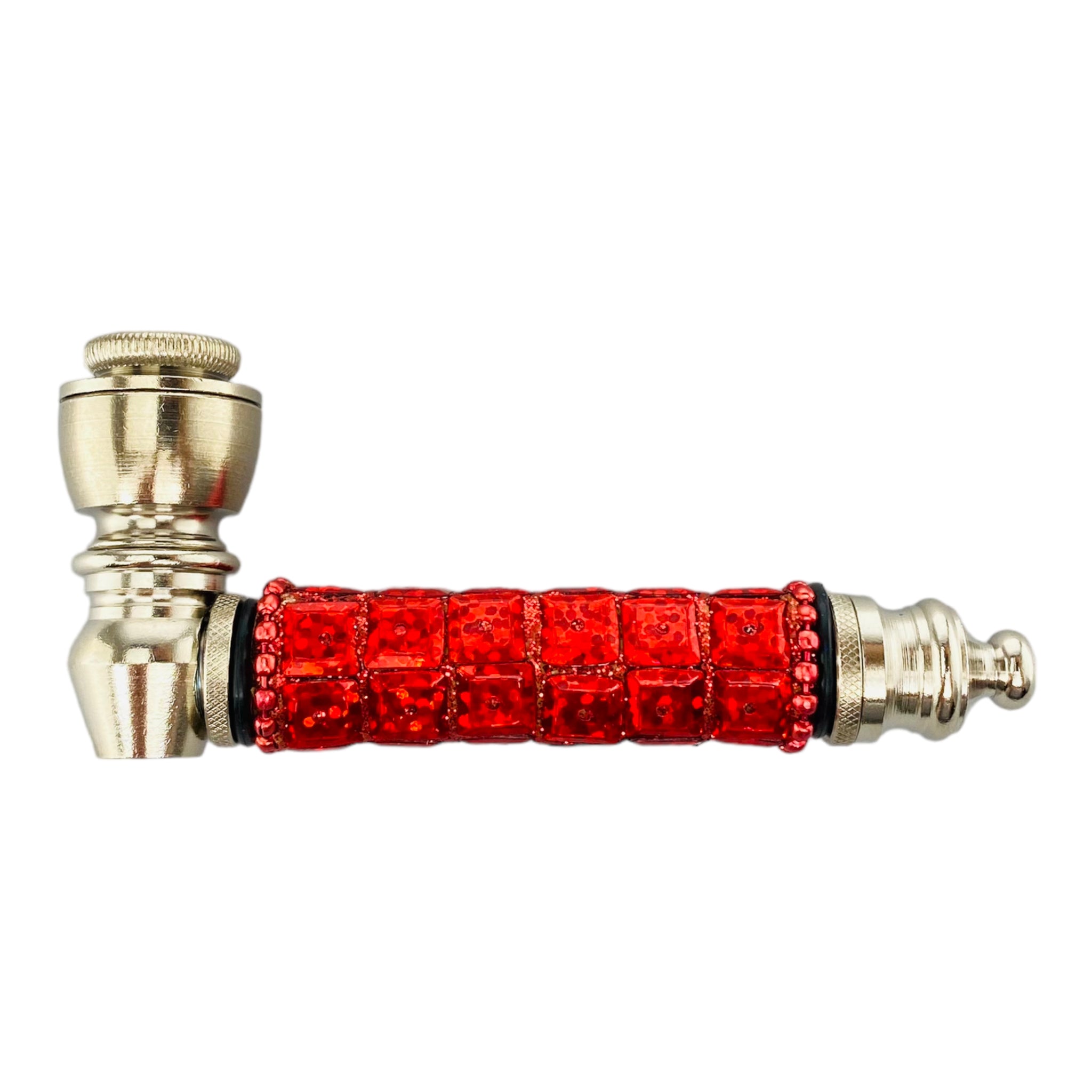 red Silver smoking Hand Pipe With Bedazzled Stem