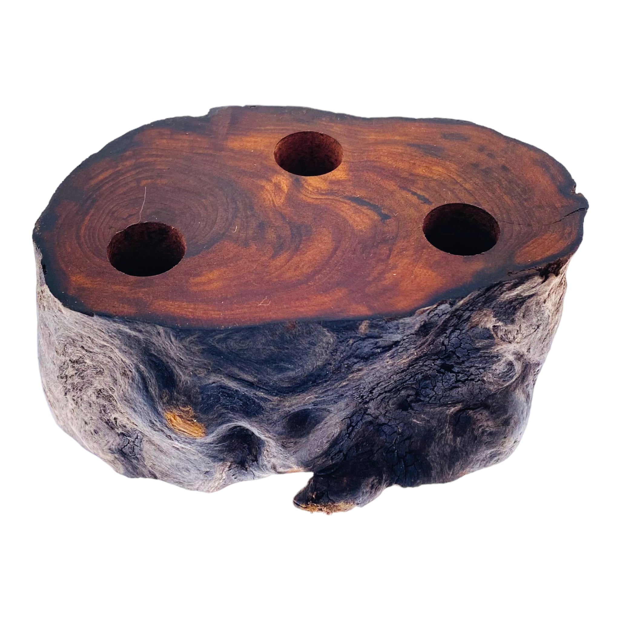 3 Hole Wood Display Stand Holder For 14mm Bong Bowl Pieces Or Quartz Bangers - Red Wood Burl With Live Edge #3