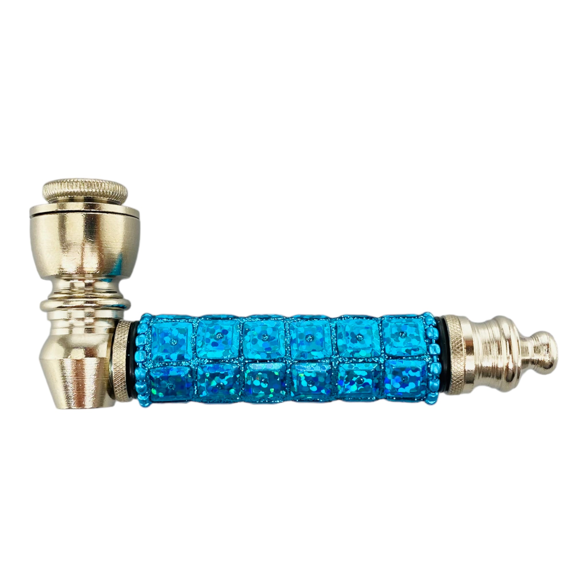 teal Silver smoking Hand Pipe With Bedazzled Stem