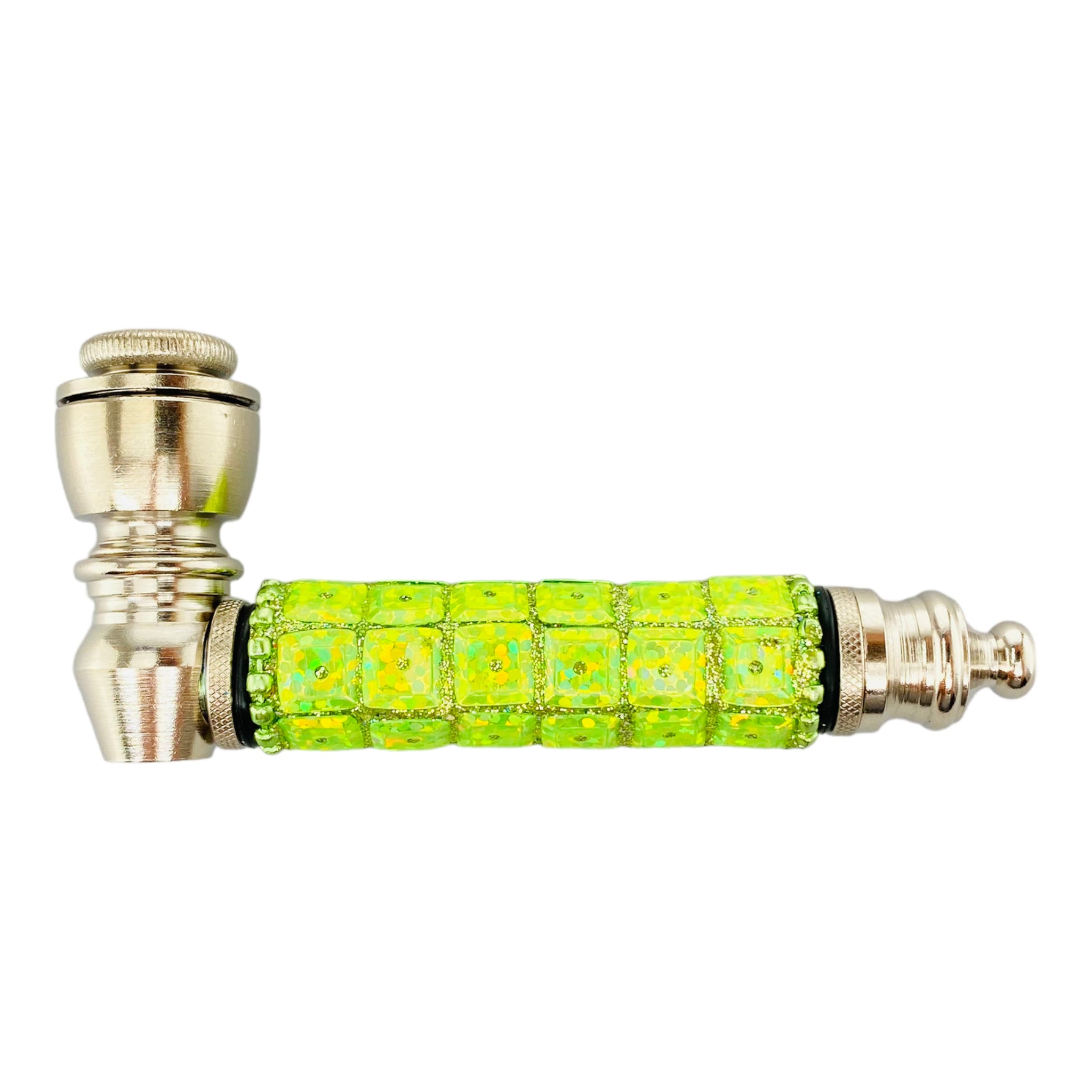 green Silver smoking Hand Pipe With Bedazzled Stem