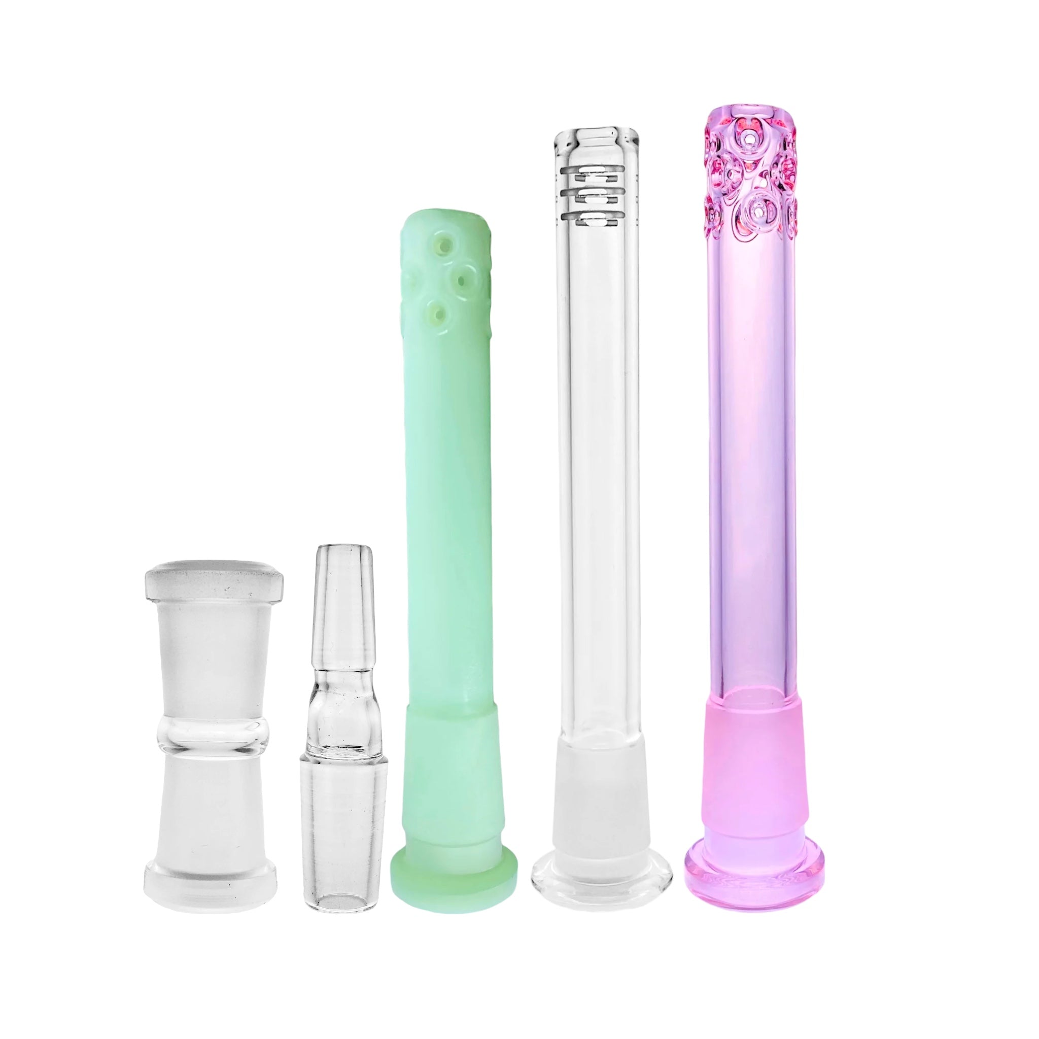 collection of bong downstems and adapters