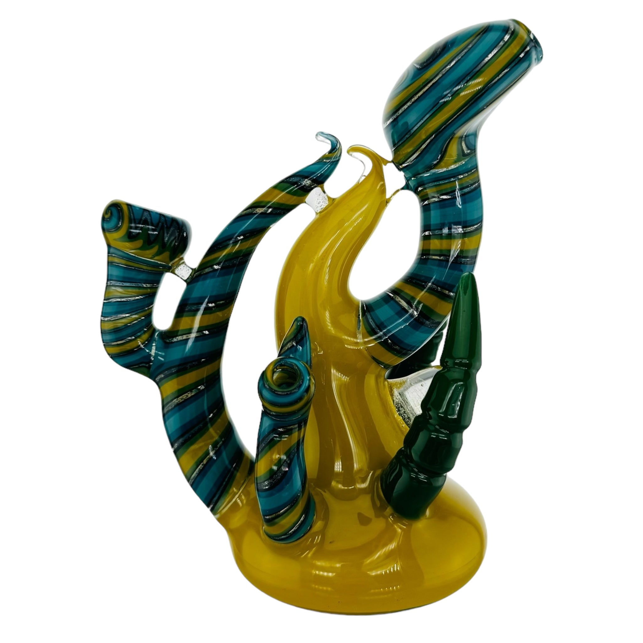 heady glass Yellow Large Glass Hand Pipe Bubbler With Blue Linework And Green Horns