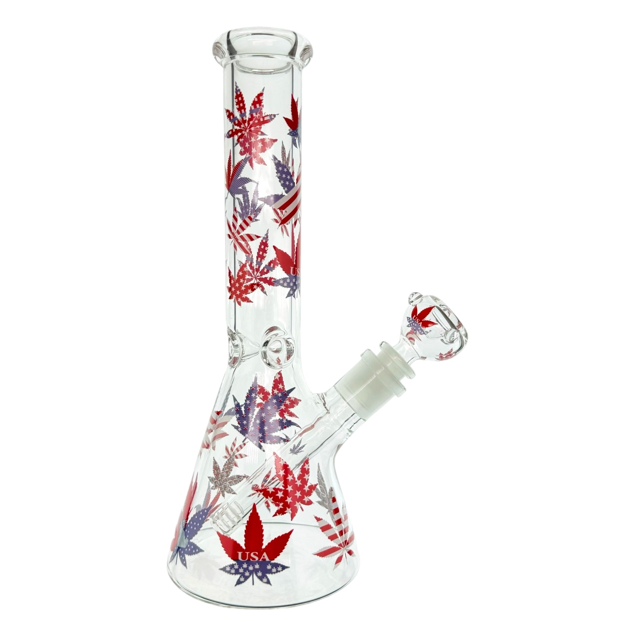 Patriotic 420 Leaf Beaker Glass Bong With Red White And Blue Leafs 10 Inch