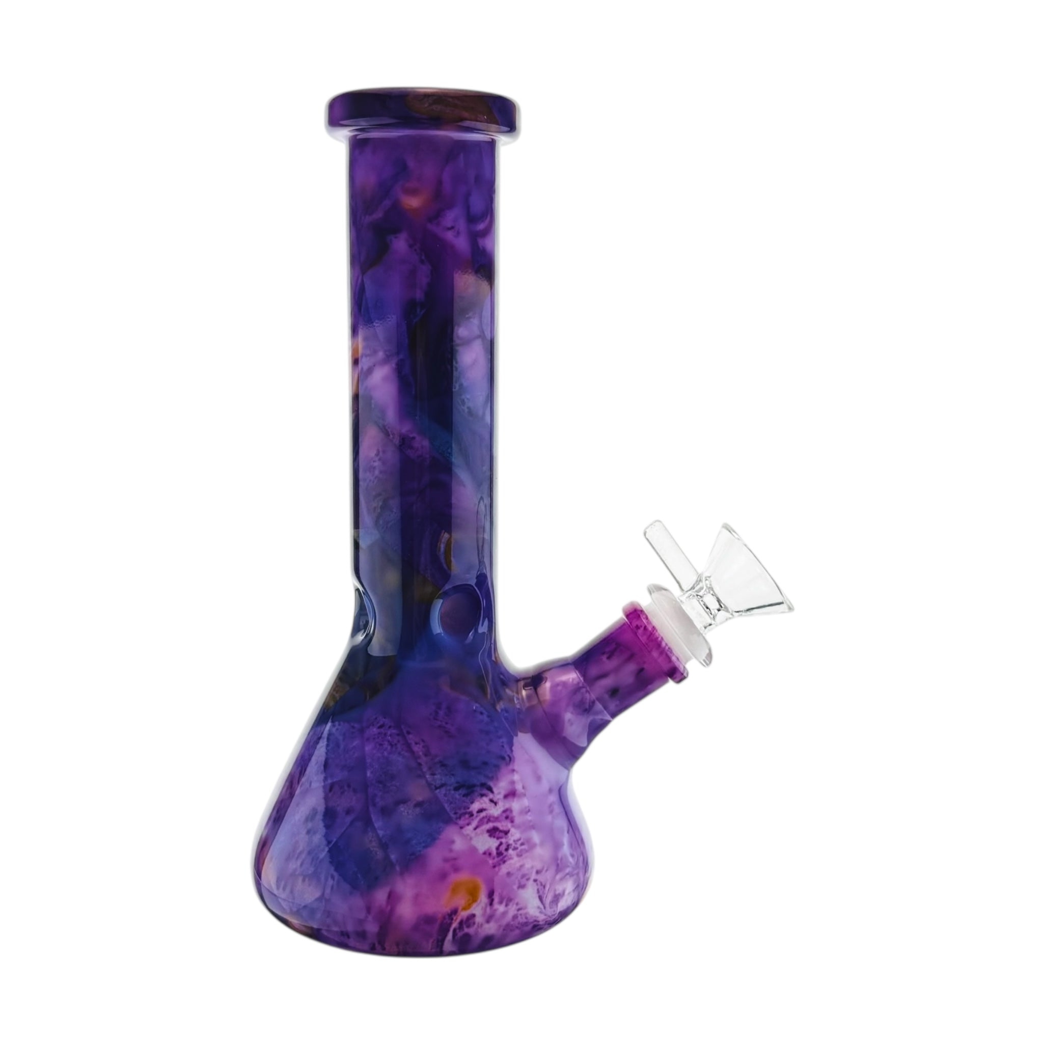 8 inch tall glass bong with purple marbled design 