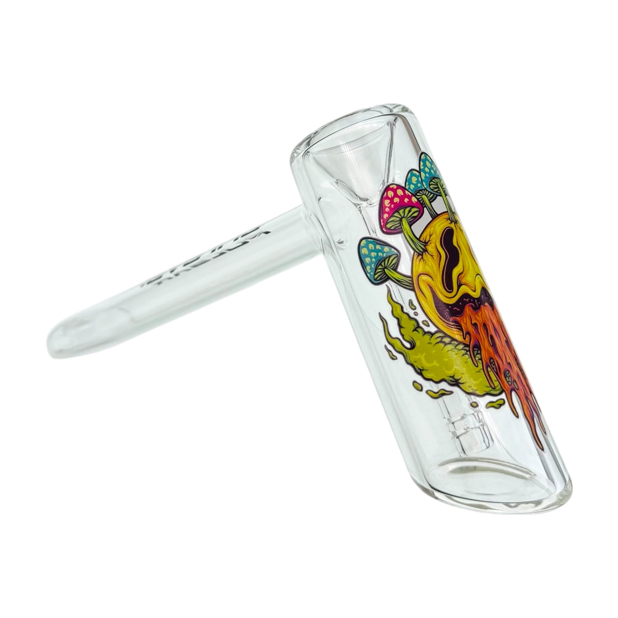 Glass Bubbler Water Pipe With Face Melting Mushrooms on white back ground