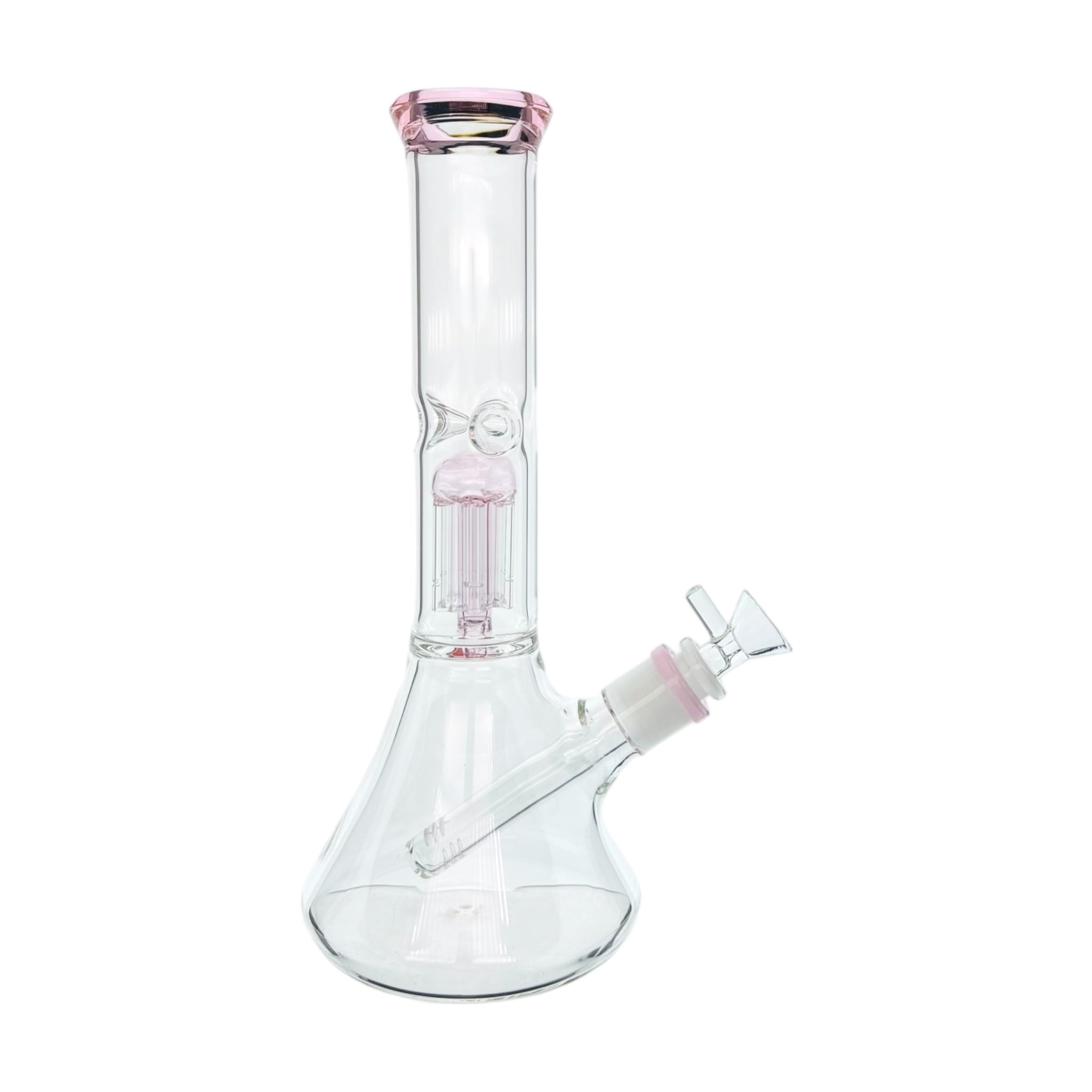 Clear glass water pipe with pink accents on a white background