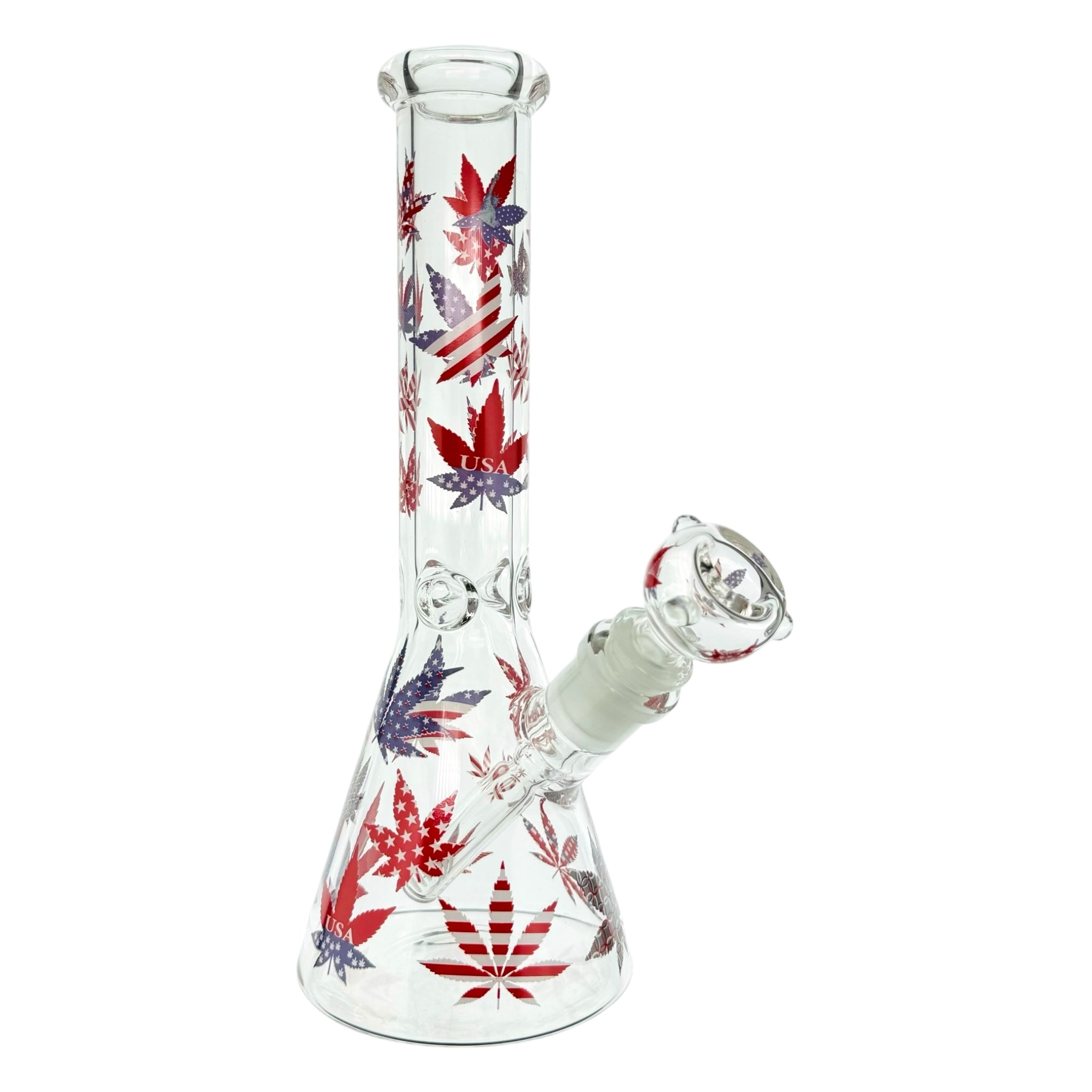 Patriotic 420 Leaf Beaker Glass Bong With Red White And Blue Leafs 10 Inch