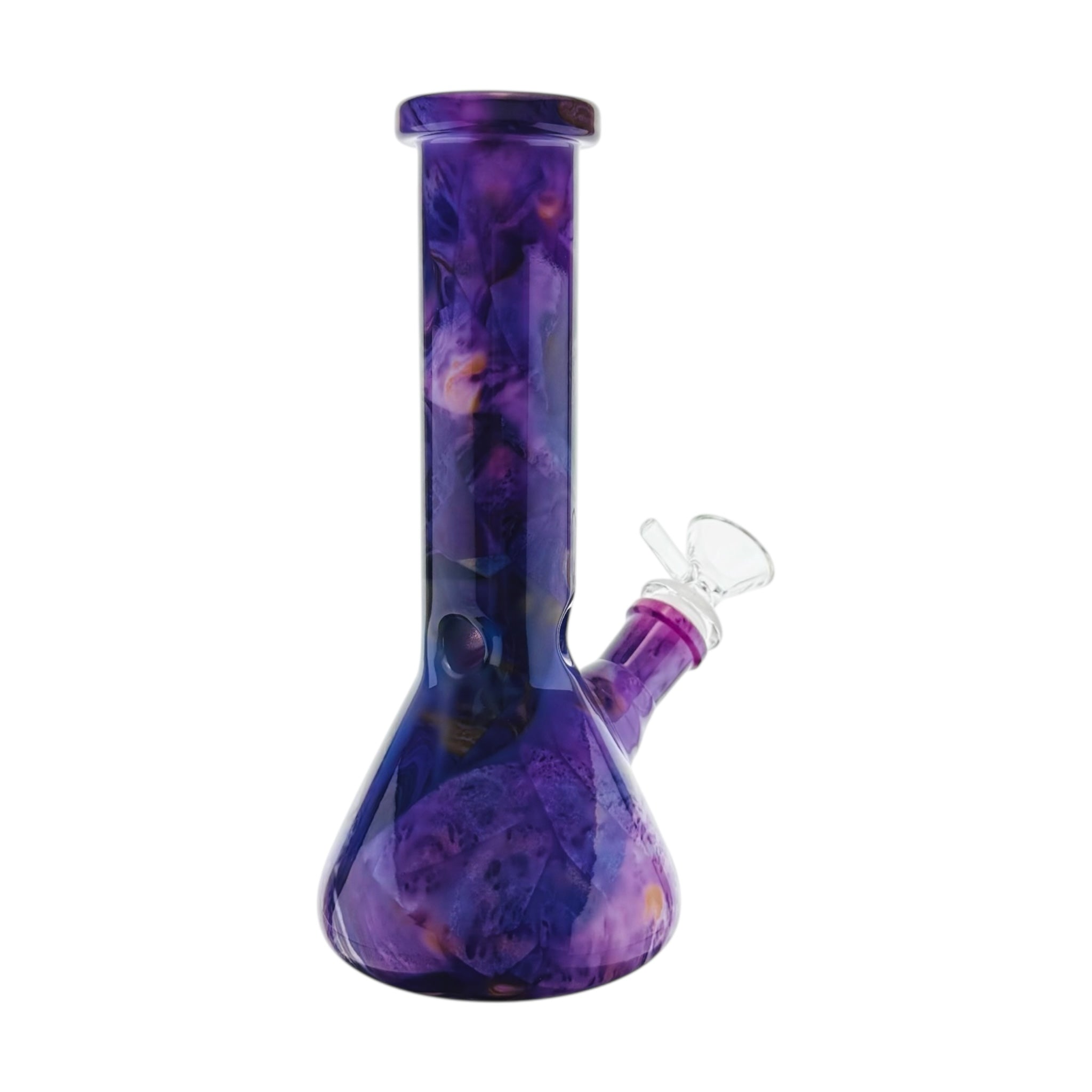 8 inch tall glass bong with purple marbled design 