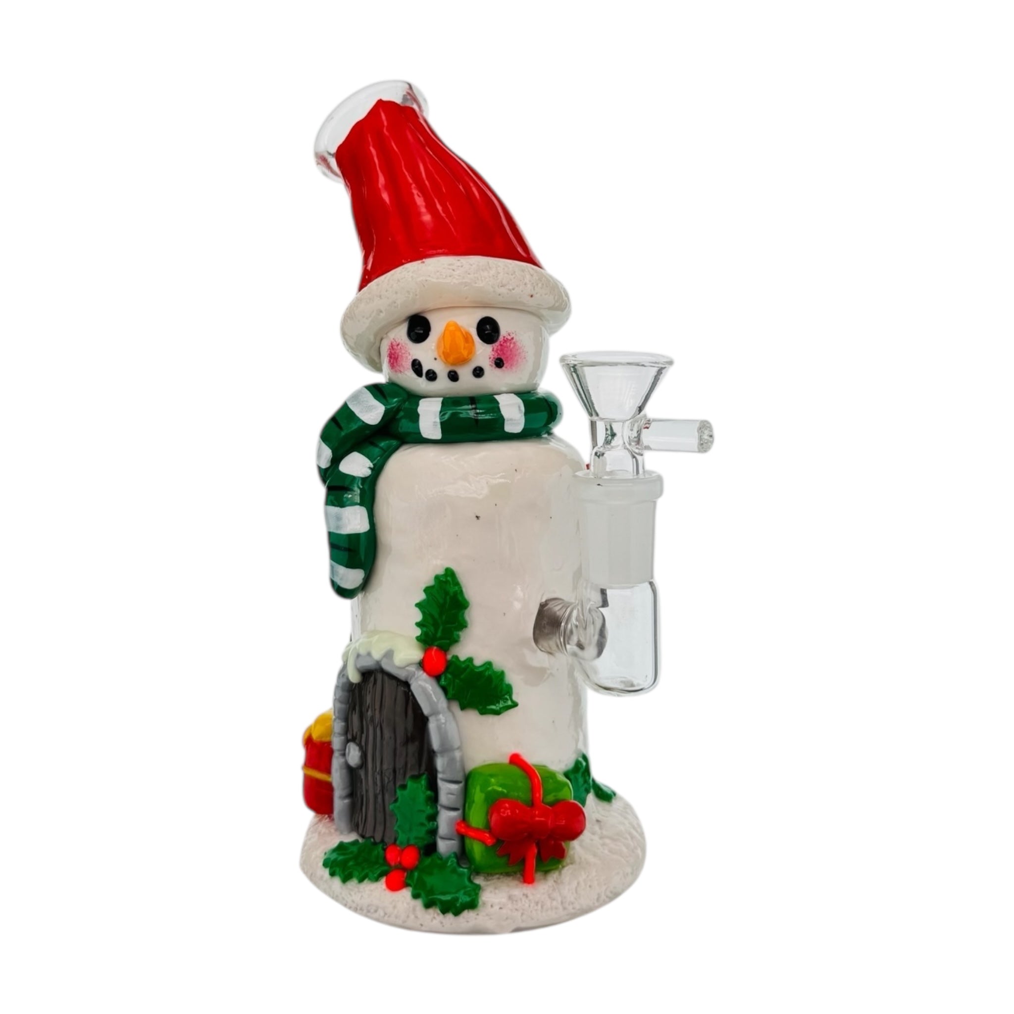 Snowman-shaped glass smoking device with a red hat and green scarf on a white background