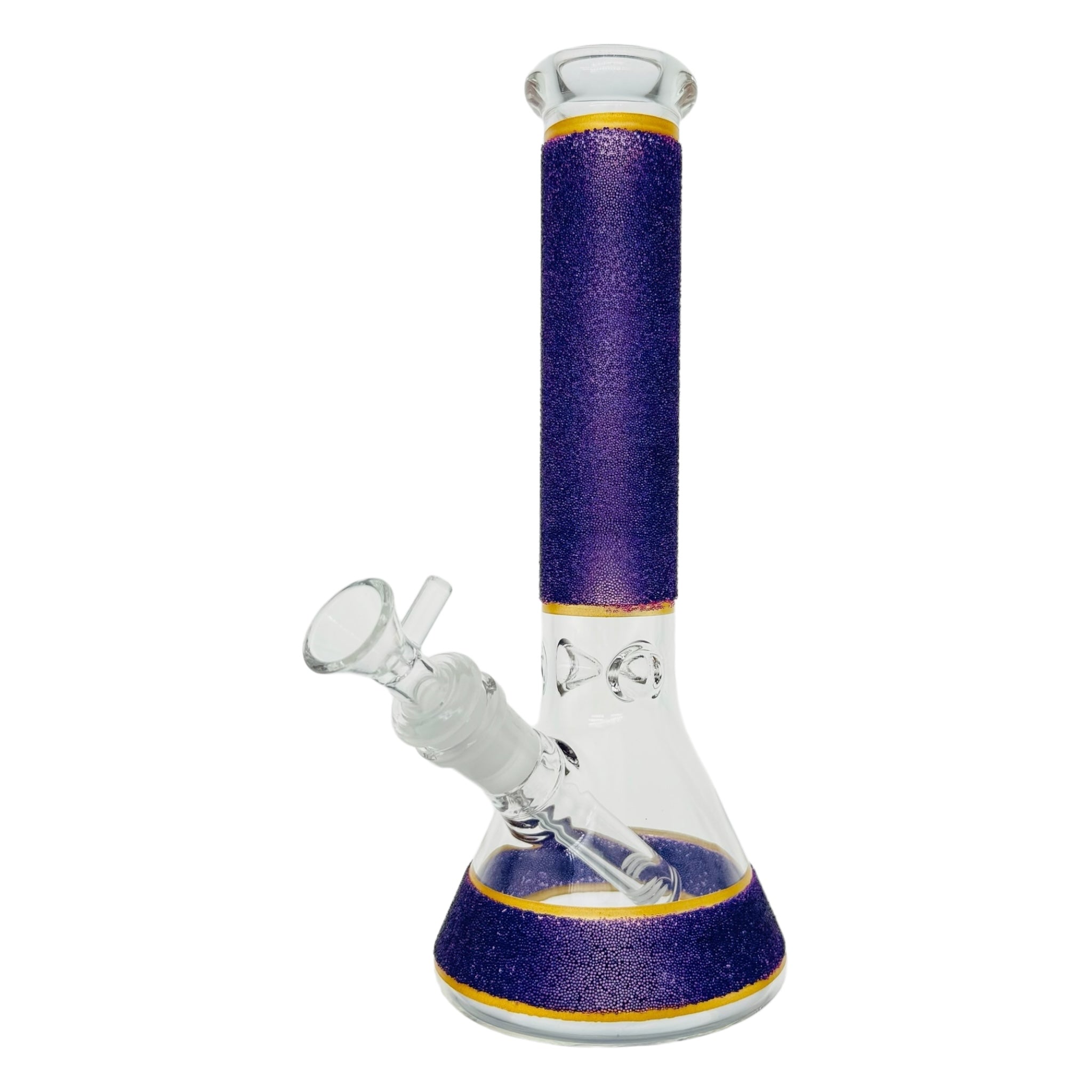 10 Inch Beaker Glass Bong With Purple Slag Frit And Gold Bands