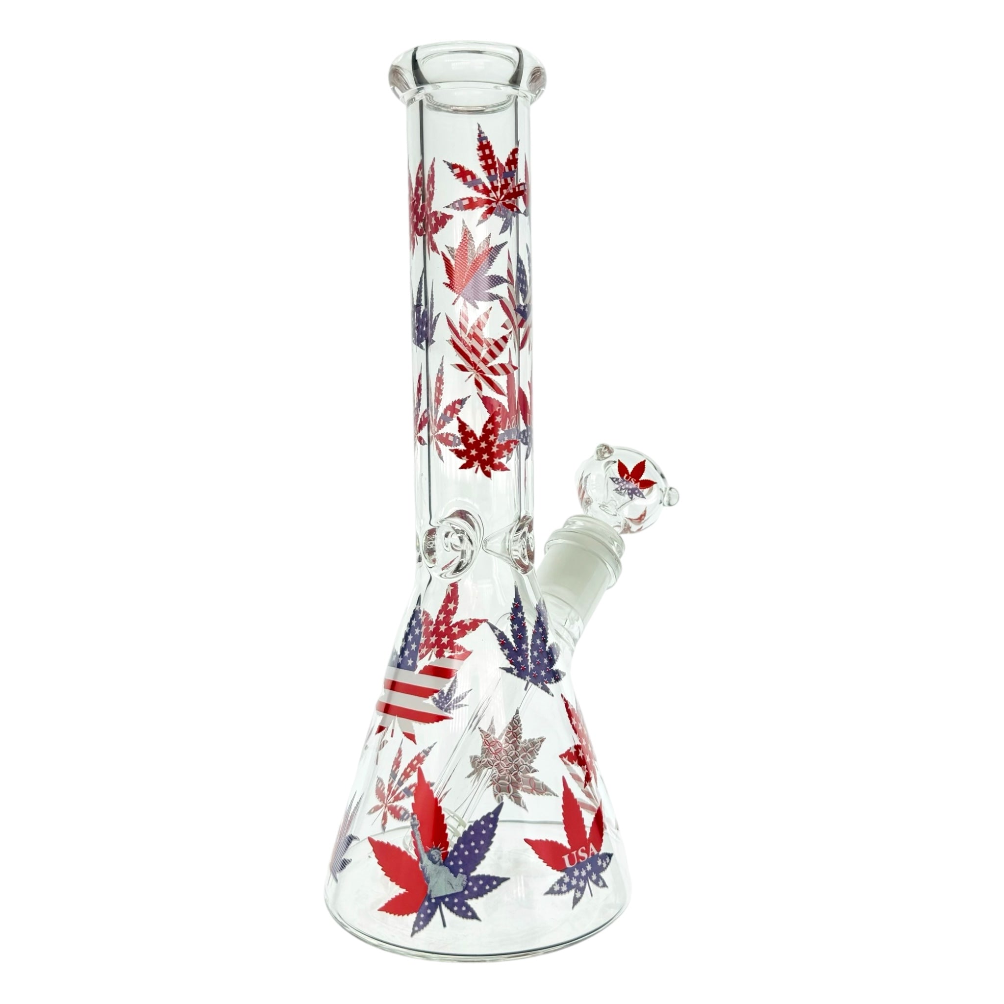 Patriotic 420 Leaf Beaker Glass Bong With Red White And Blue Leafs 10 Inch