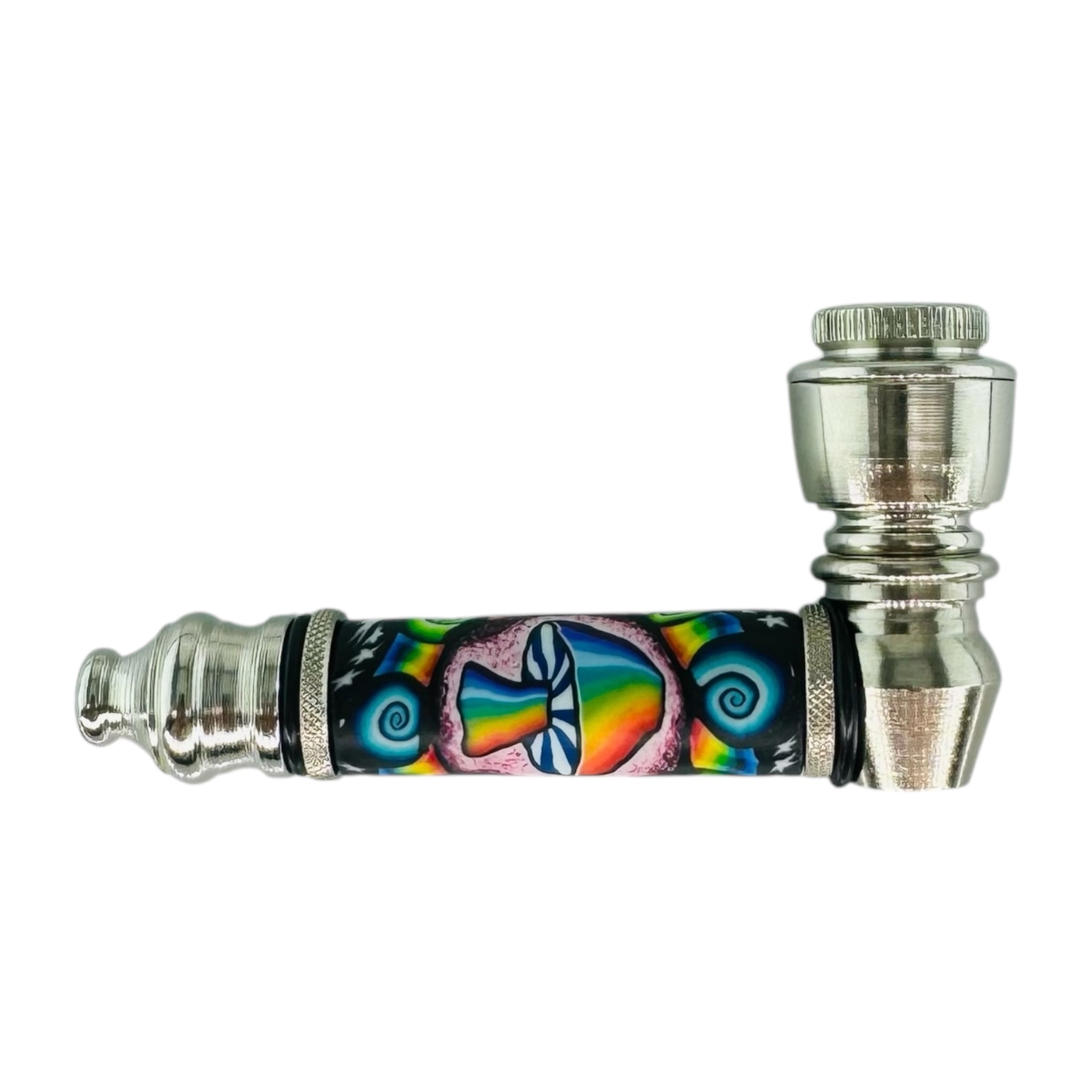 Silver Hand Pipe With Magical Rainbow Mushroom With Rainbow Twirl