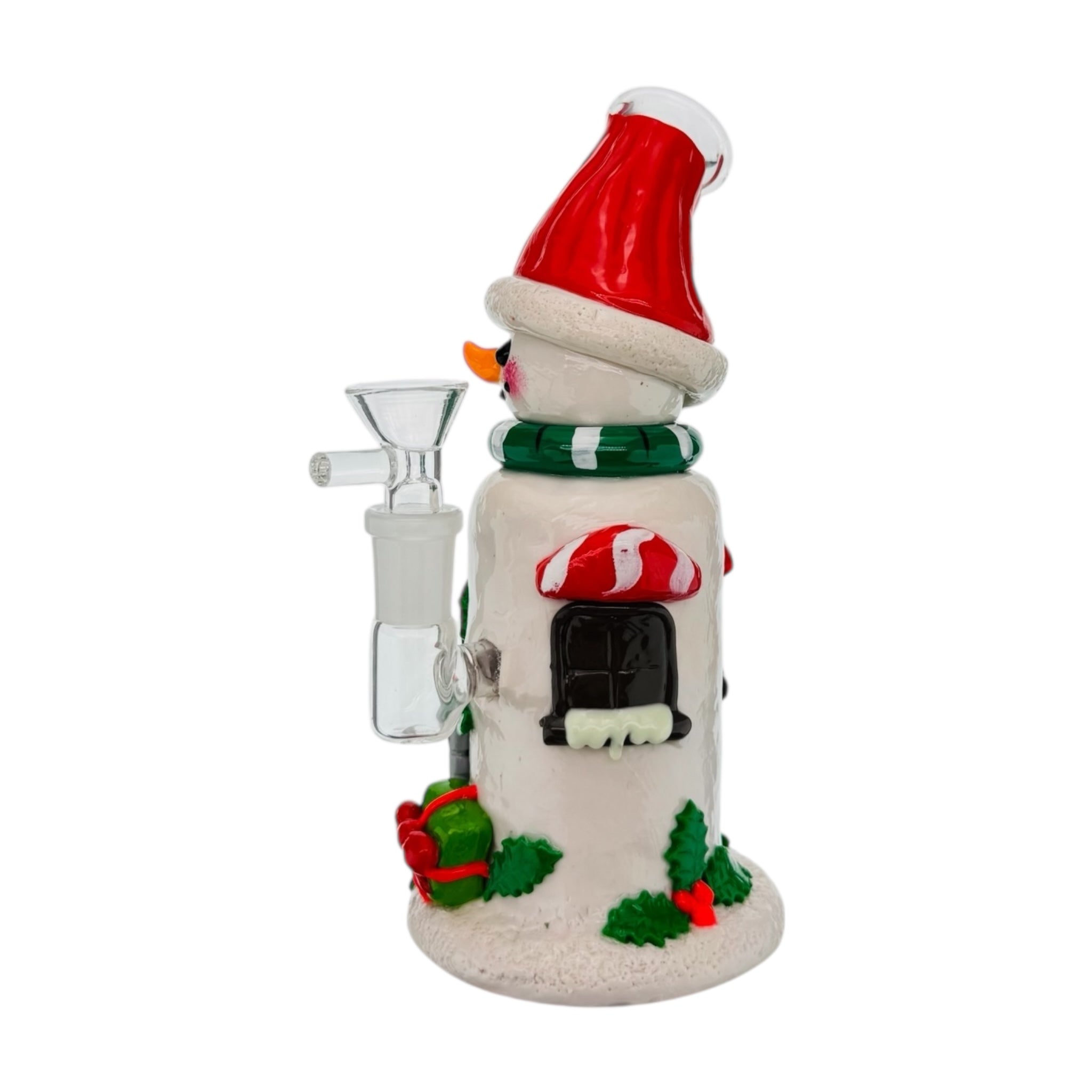 Snowman-shaped glass smoking device with Santa hat on a white background