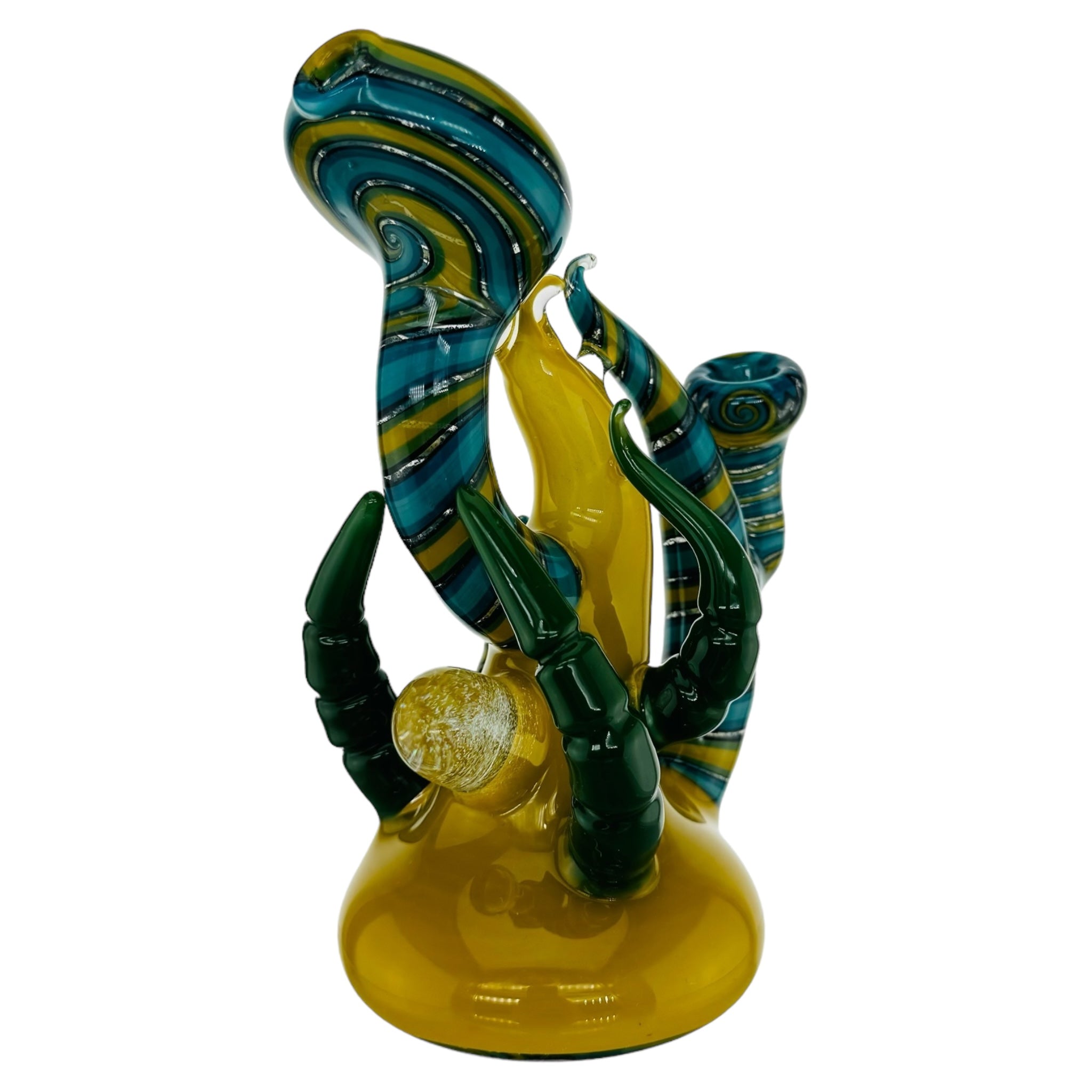 heady glass Yellow Large Glass Hand Pipe Bubbler With Blue Linework And Green Horns