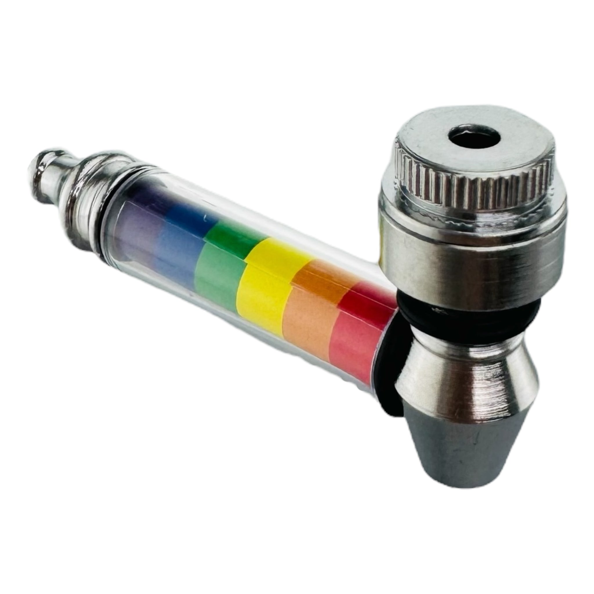 Metal Hand Pipes - Silver Chrome Hand Pipe With Rainbow Plastic Stem