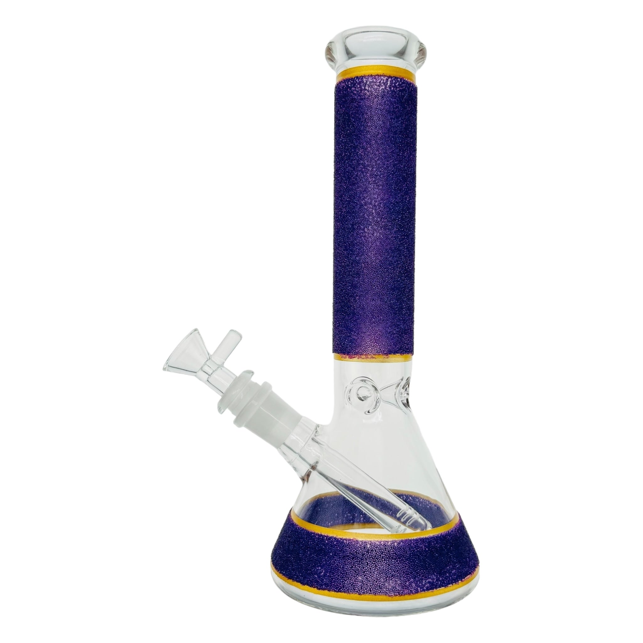 10 Inch Beaker Glass Bong With Purple Slag Frit And Gold Bands