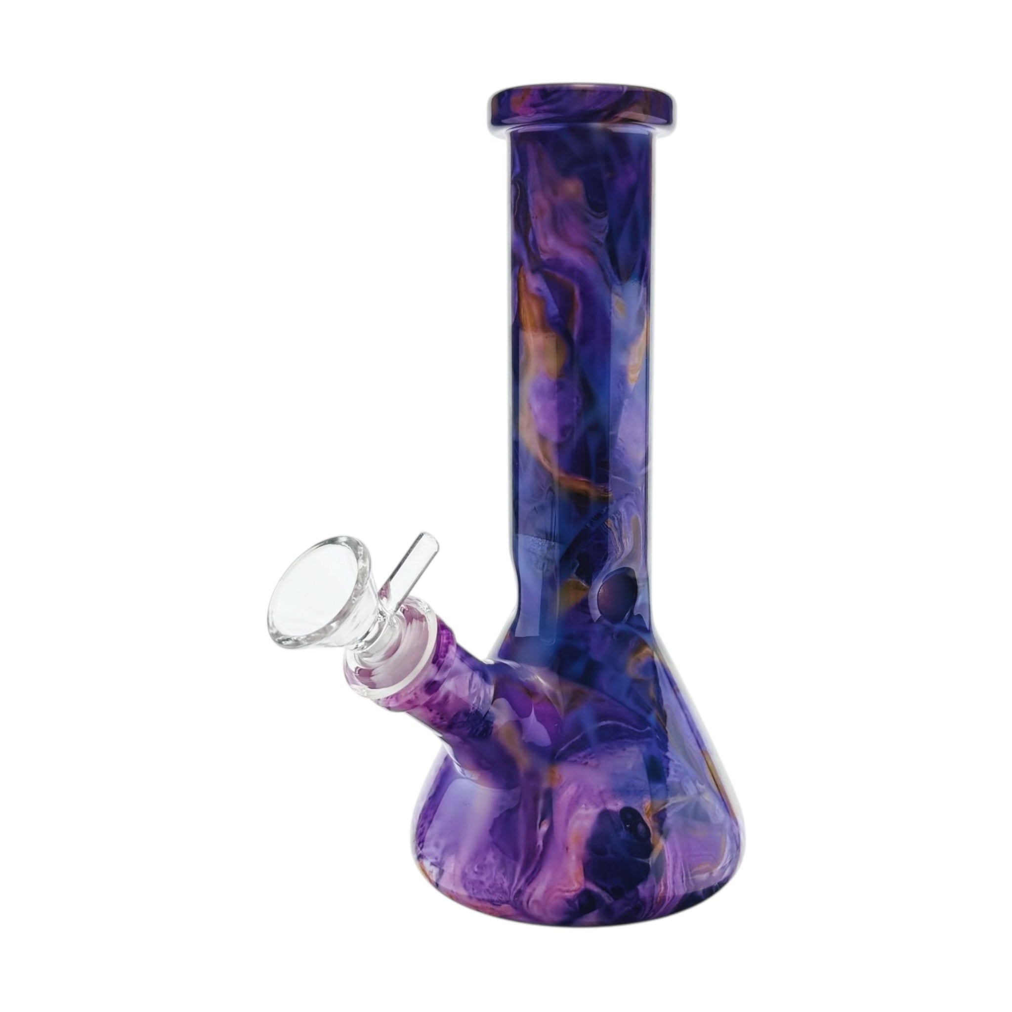 8 inch tall glass bong with purple marbled design 