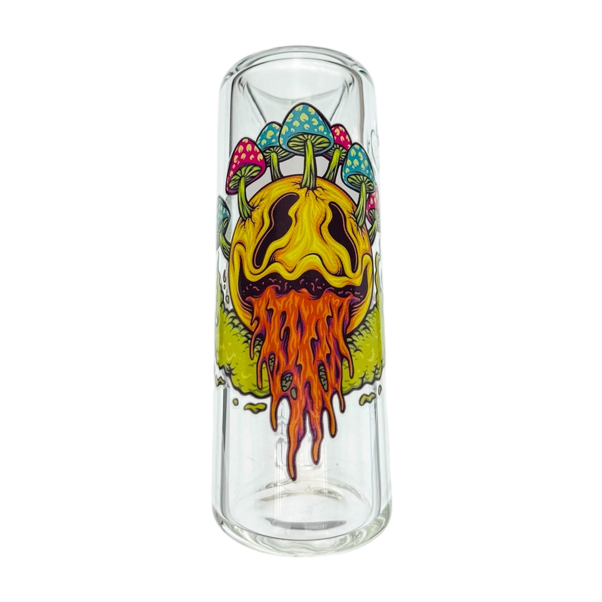 Glass Bubbler Water Pipe With Face Melting Mushrooms on white back ground
