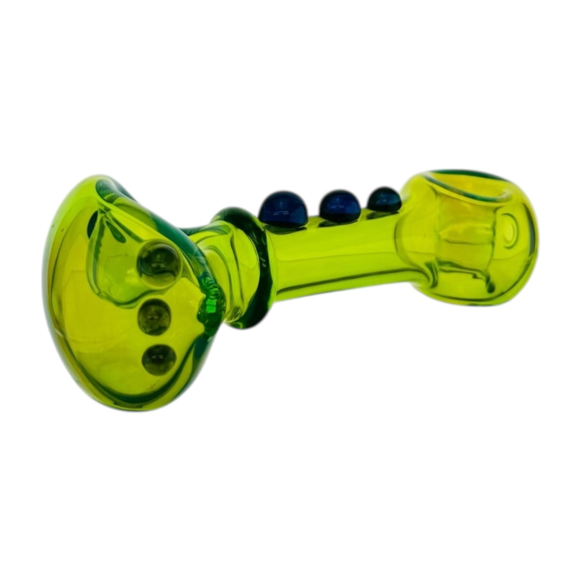 Glass Hand Pipe With Color Changing Fuming Over Green Glass With Blue Dots