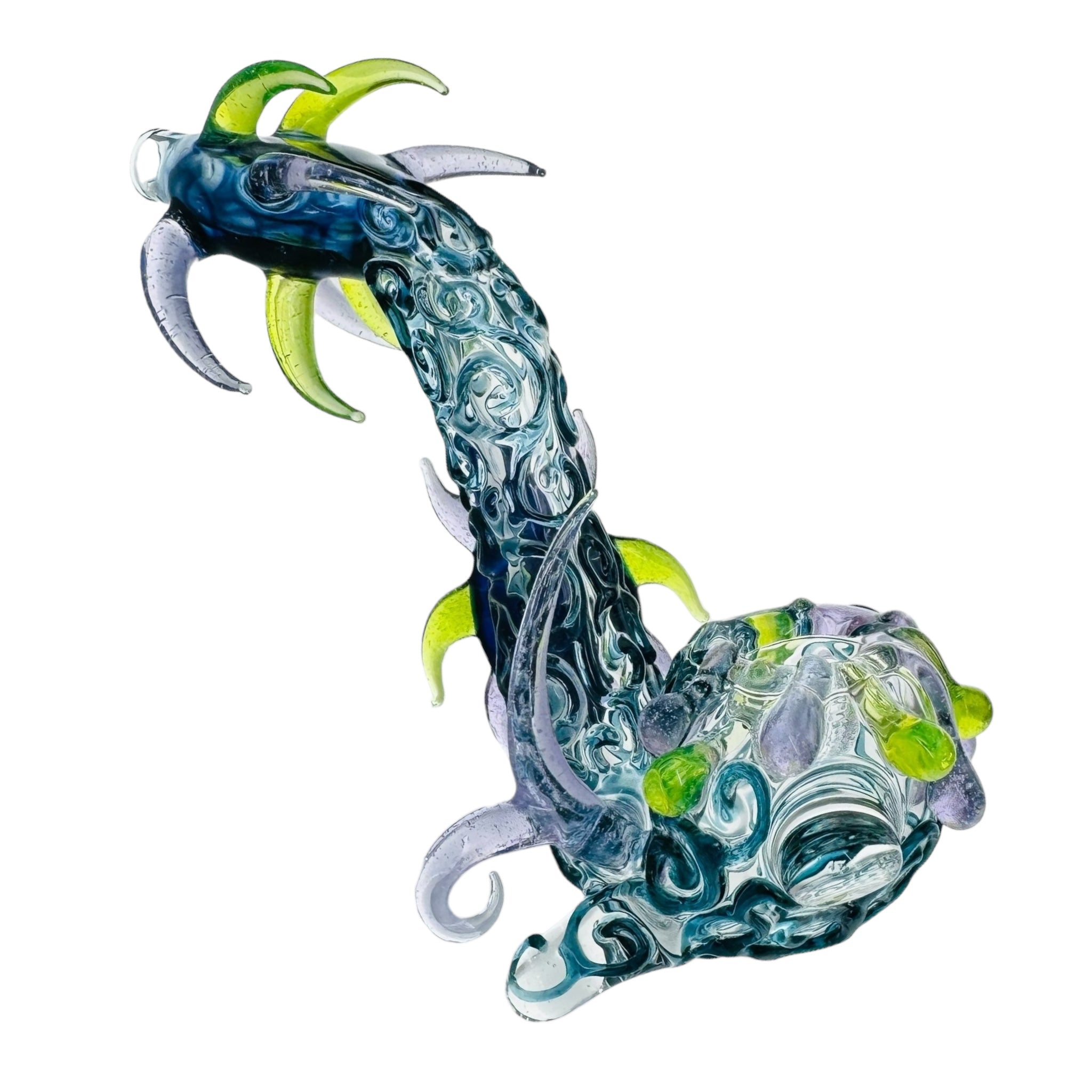 Heady Glass Sherlock for cannabis With Blue And Green Horns And Linework for sale