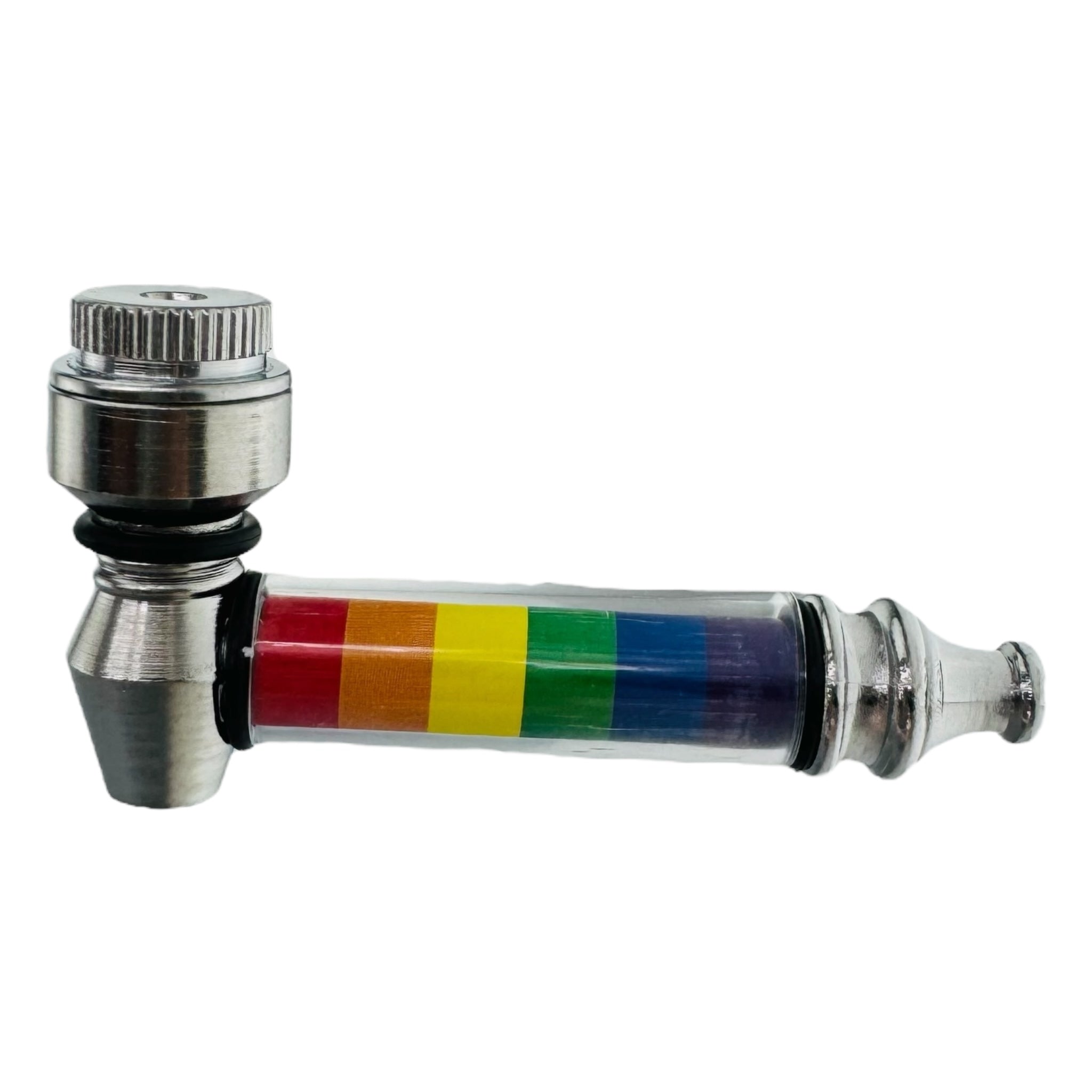 Metal Hand Pipes - Silver Chrome Hand Pipe With Rainbow Plastic Stem