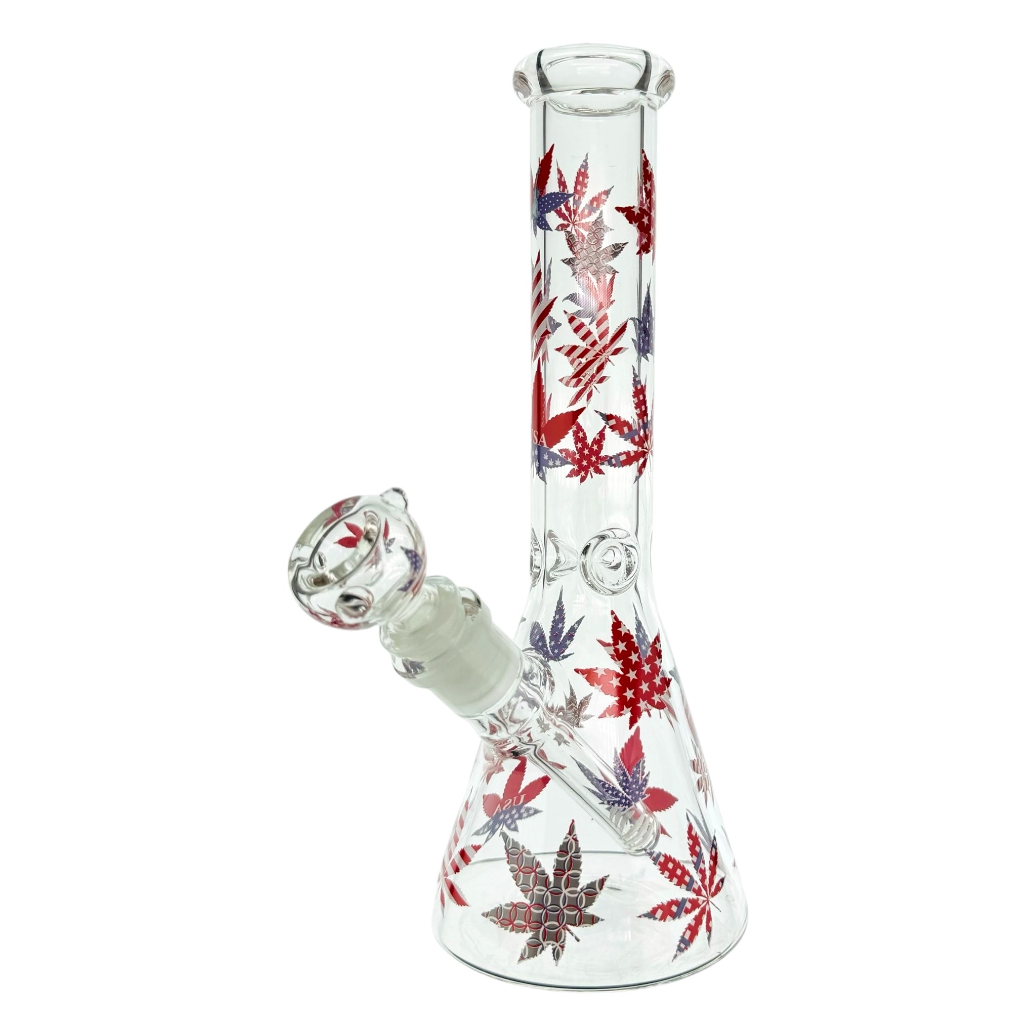 Patriotic 420 Leaf Beaker Glass Bong With Red White And Blue Leafs 10 Inch