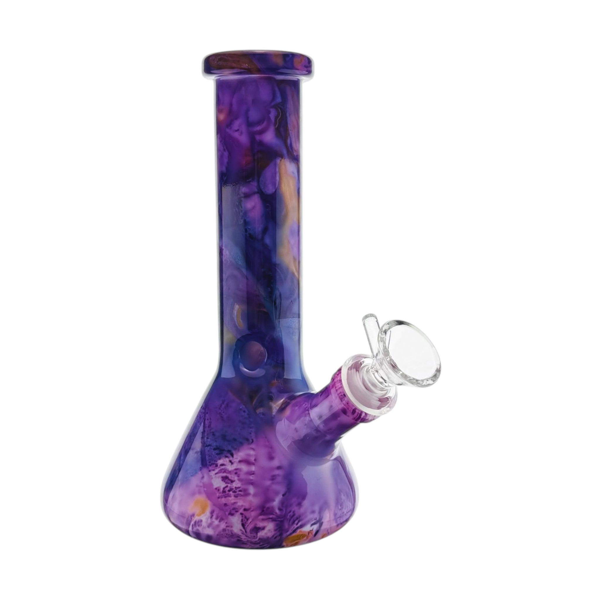 8 inch tall glass bong with purple marbled design 