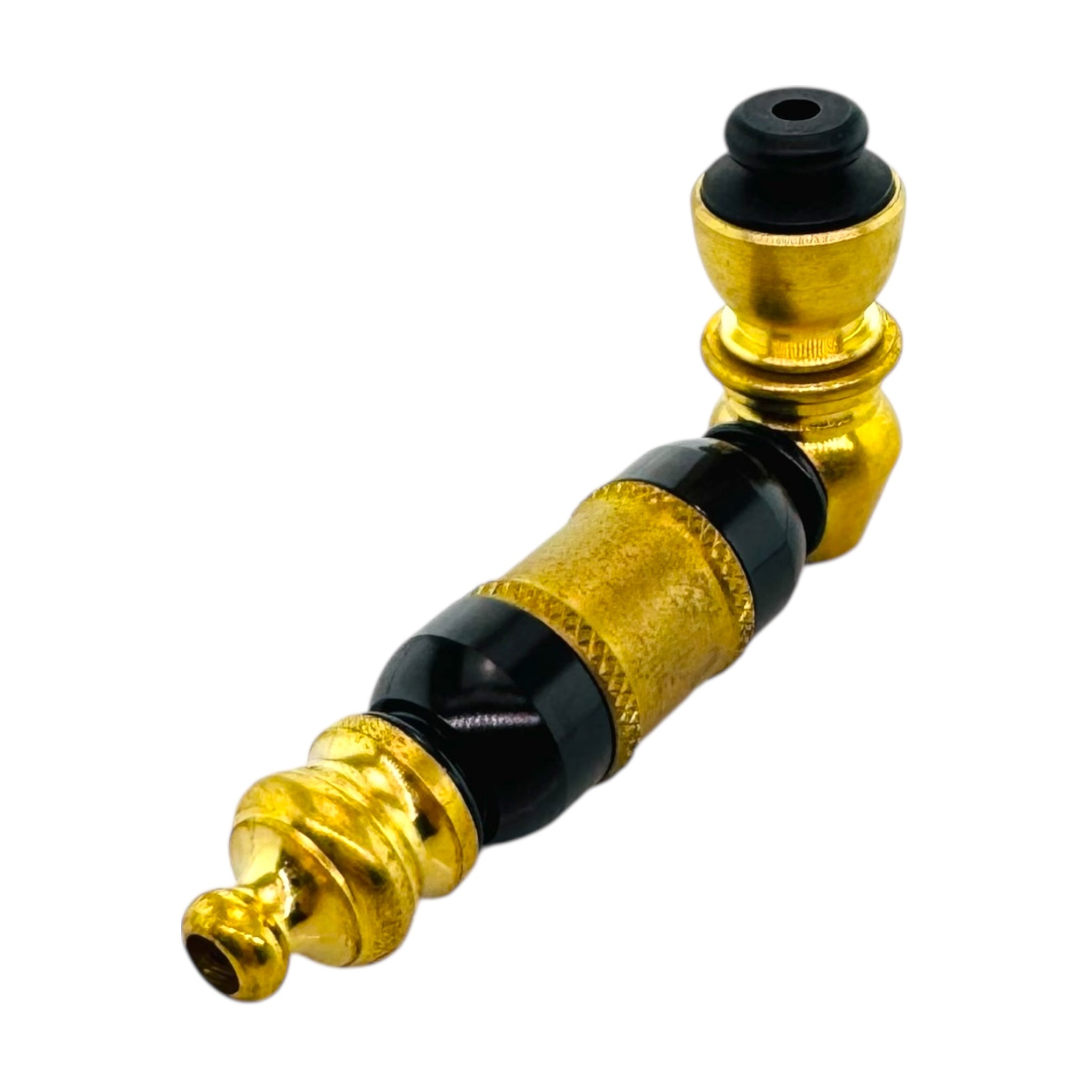 Gold And Black Anodized Aluminum Extended Mini Chamber Hand Pipe With Cap on a white background