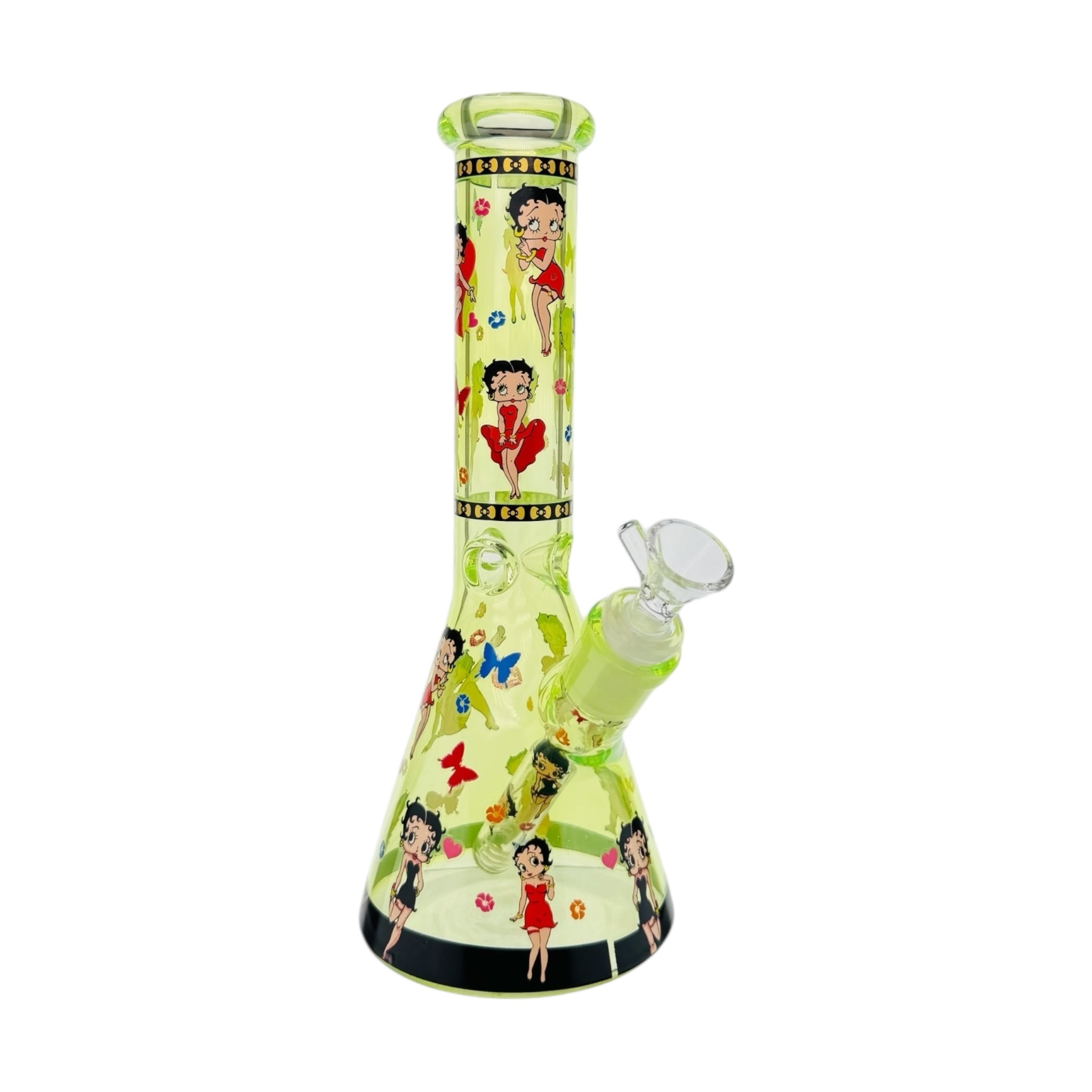 Decorative glass water pipe with cartoon character betty boop on a white background