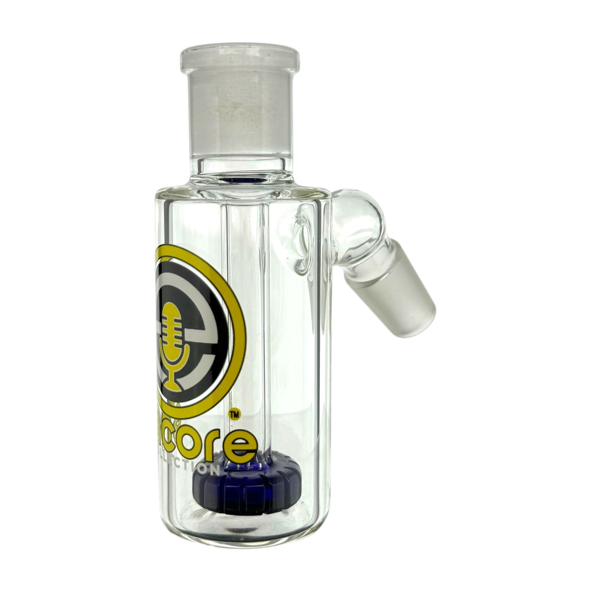 Encore Glass 18mm Ash Catcher With 45 Degree Joint And Blue Shower Head Perc Yellow Logo