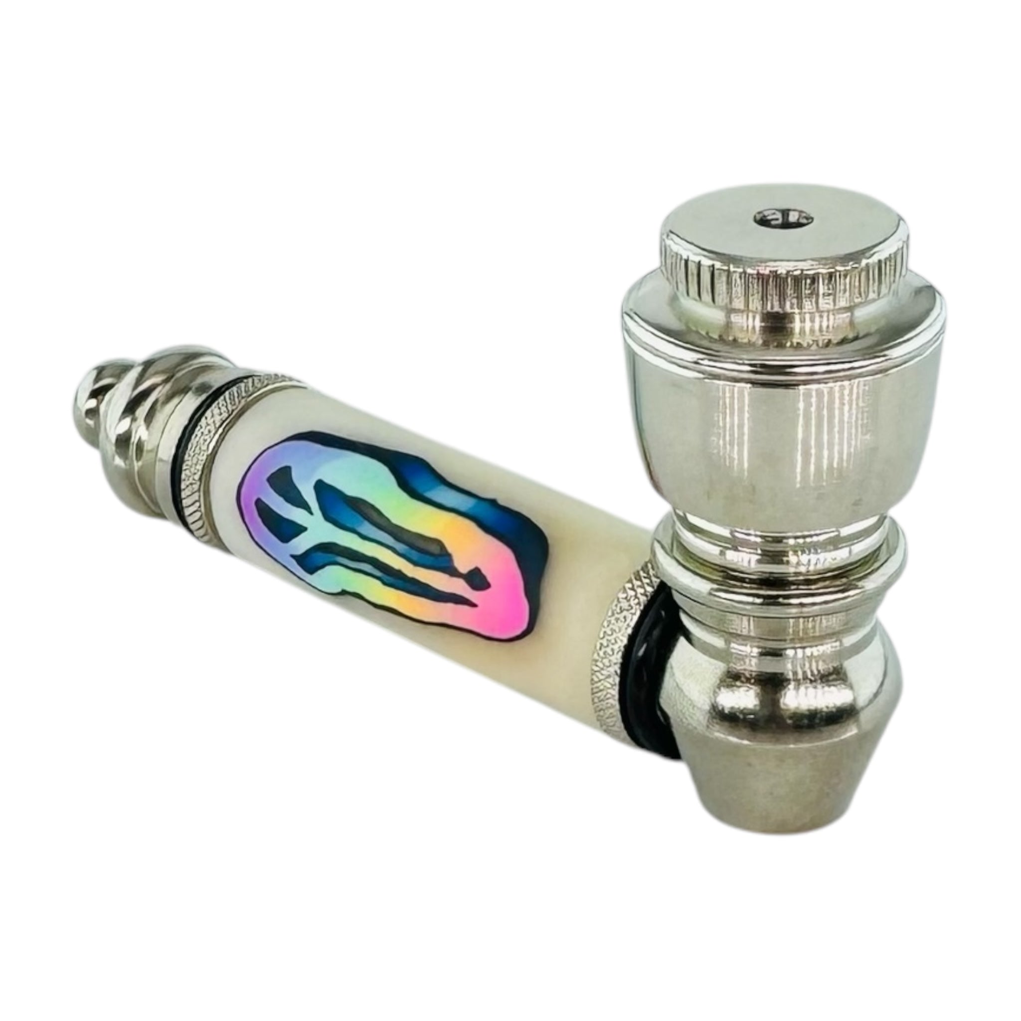 Silver Chrome metal smoking Hand Pipe With Rainbow Fade Peace Sign