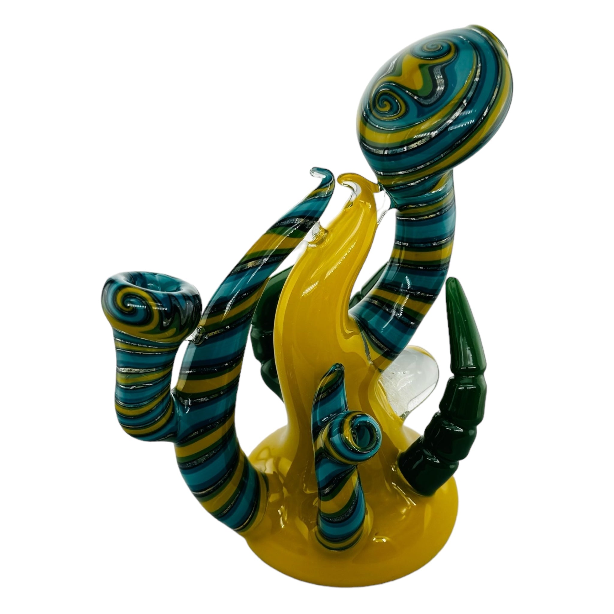 heady glass Yellow Large Glass Hand Pipe Bubbler With Blue Linework And Green Horns