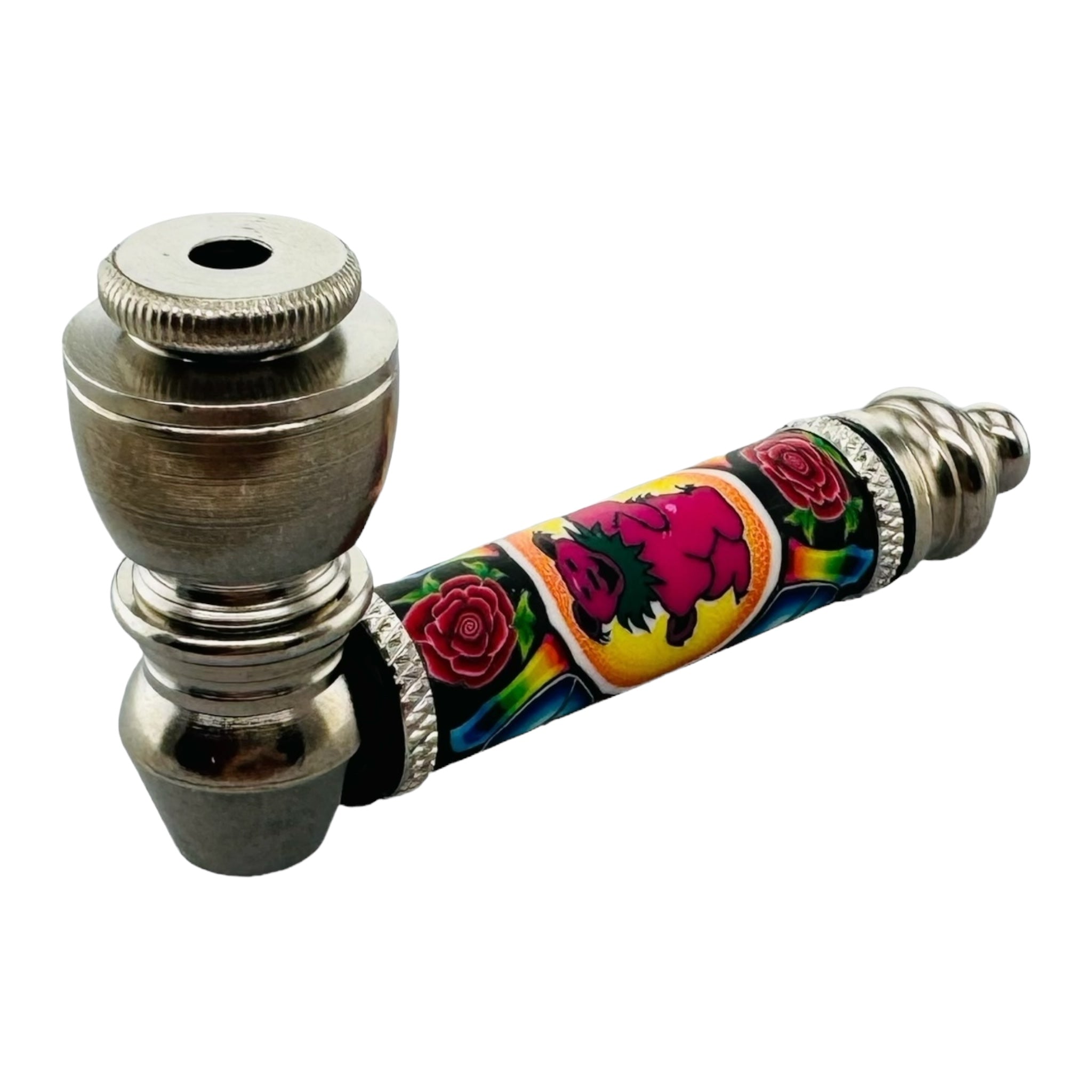 Metal Hand Pipes - Silver Chrome Hand Pipe With Dancing Bear And Flowers