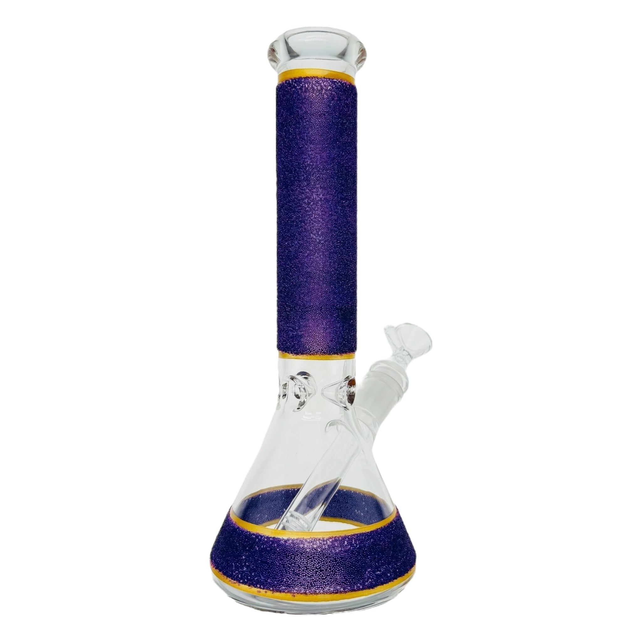 10 Inch Beaker Glass Bong With Purple Slag Frit And Gold Bands