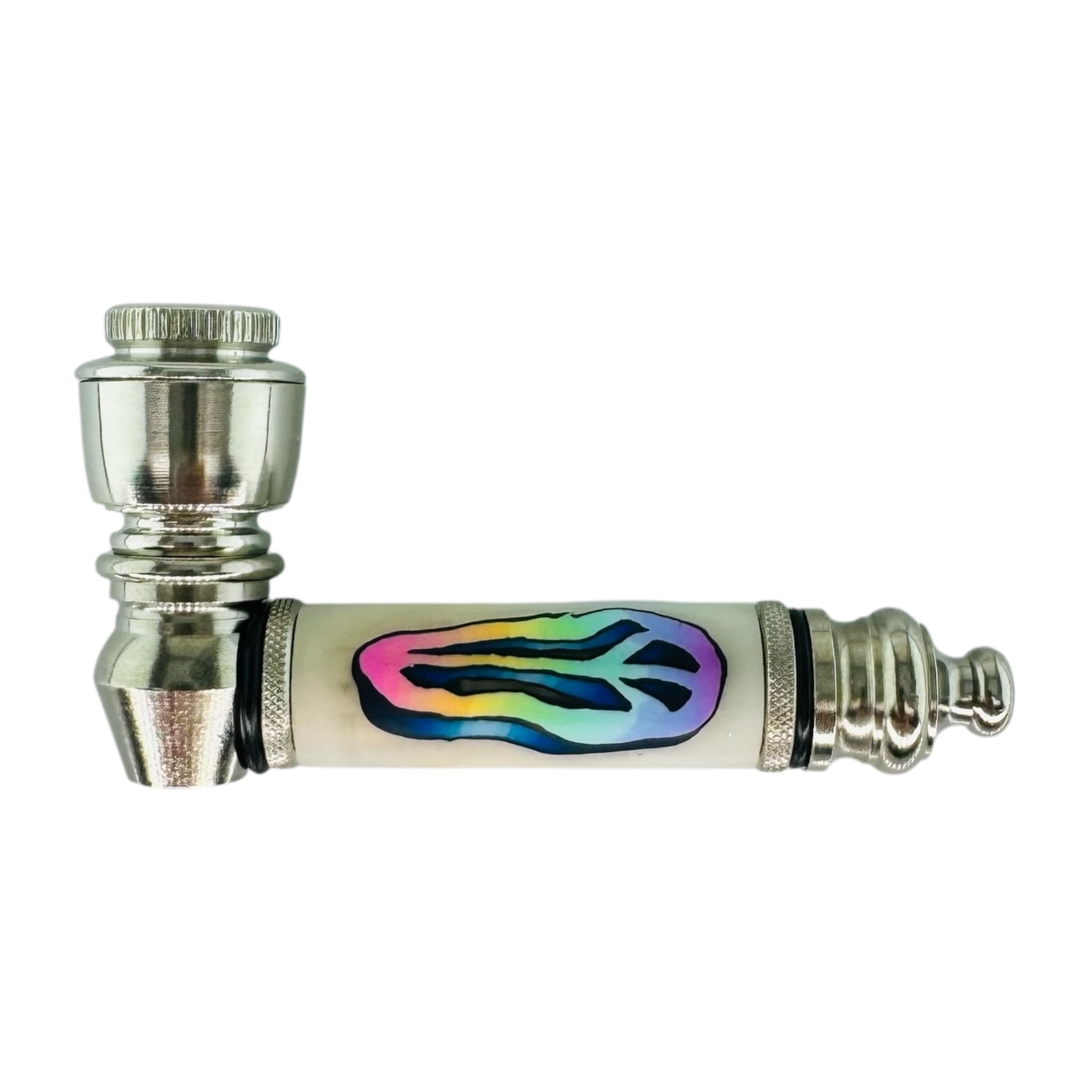 Silver Chrome metal smoking Hand Pipe With Rainbow Fade Peace Sign