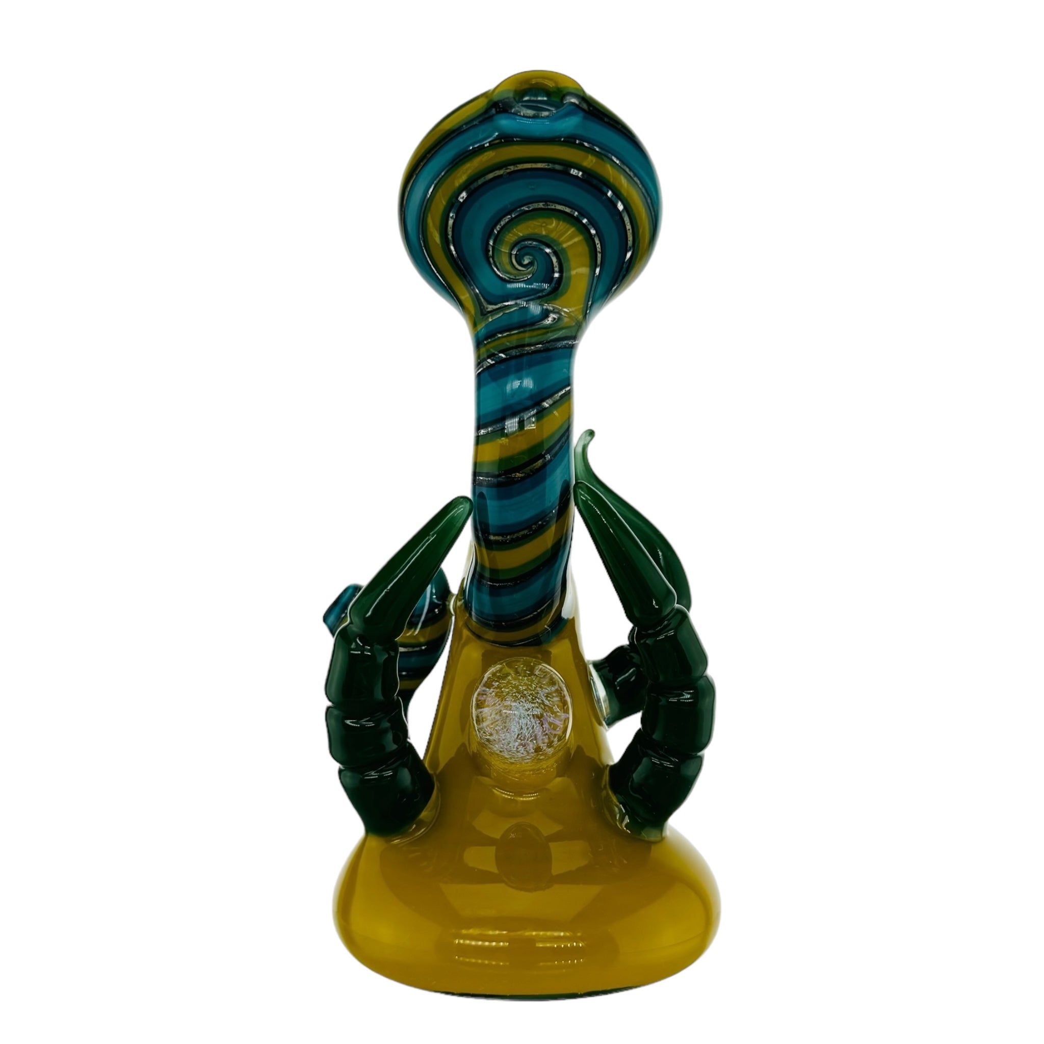 heady glass Yellow Large Glass Hand Pipe Bubbler With Blue Linework And Green Horns