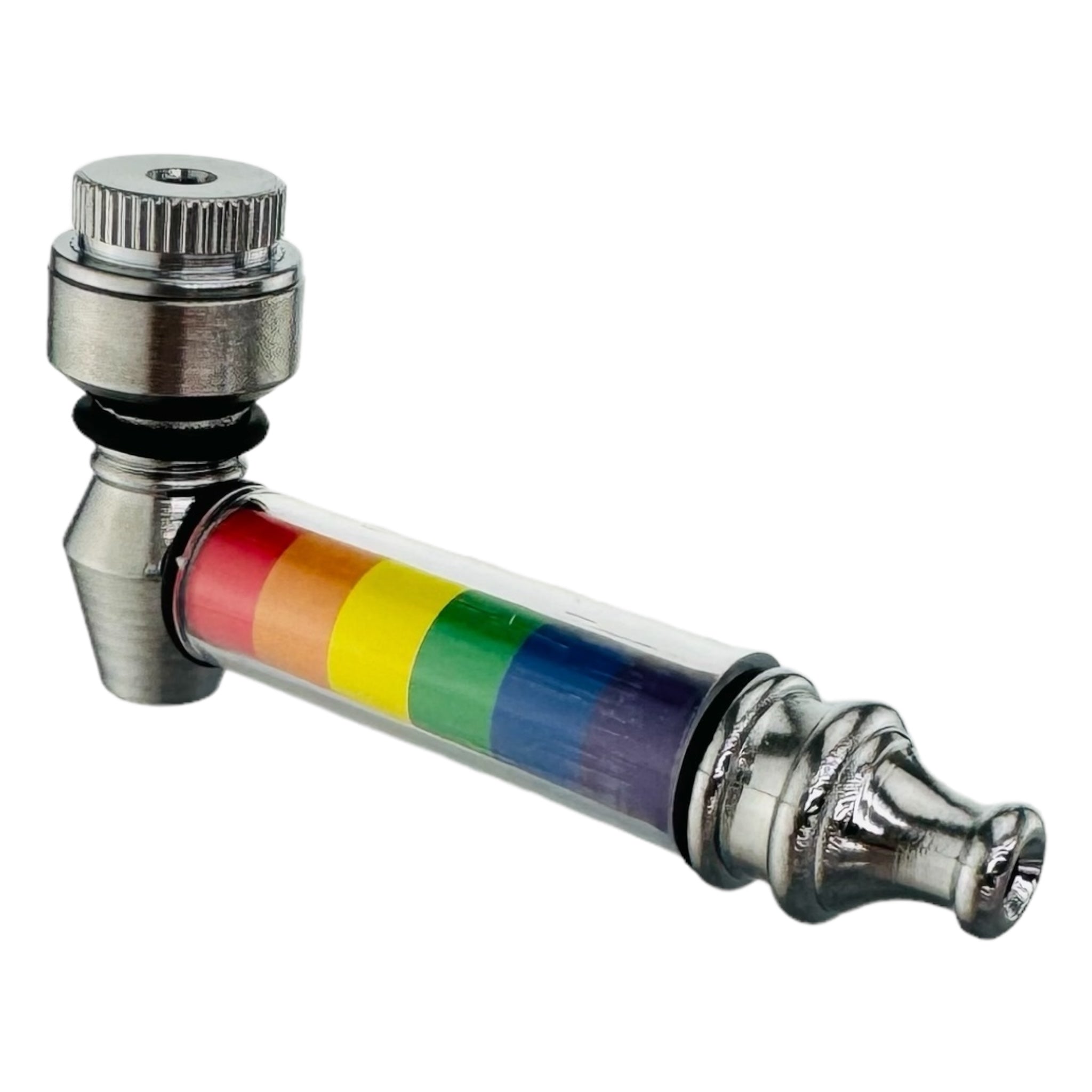 Metal Hand Pipes - Silver Chrome Hand Pipe With Rainbow Plastic Stem