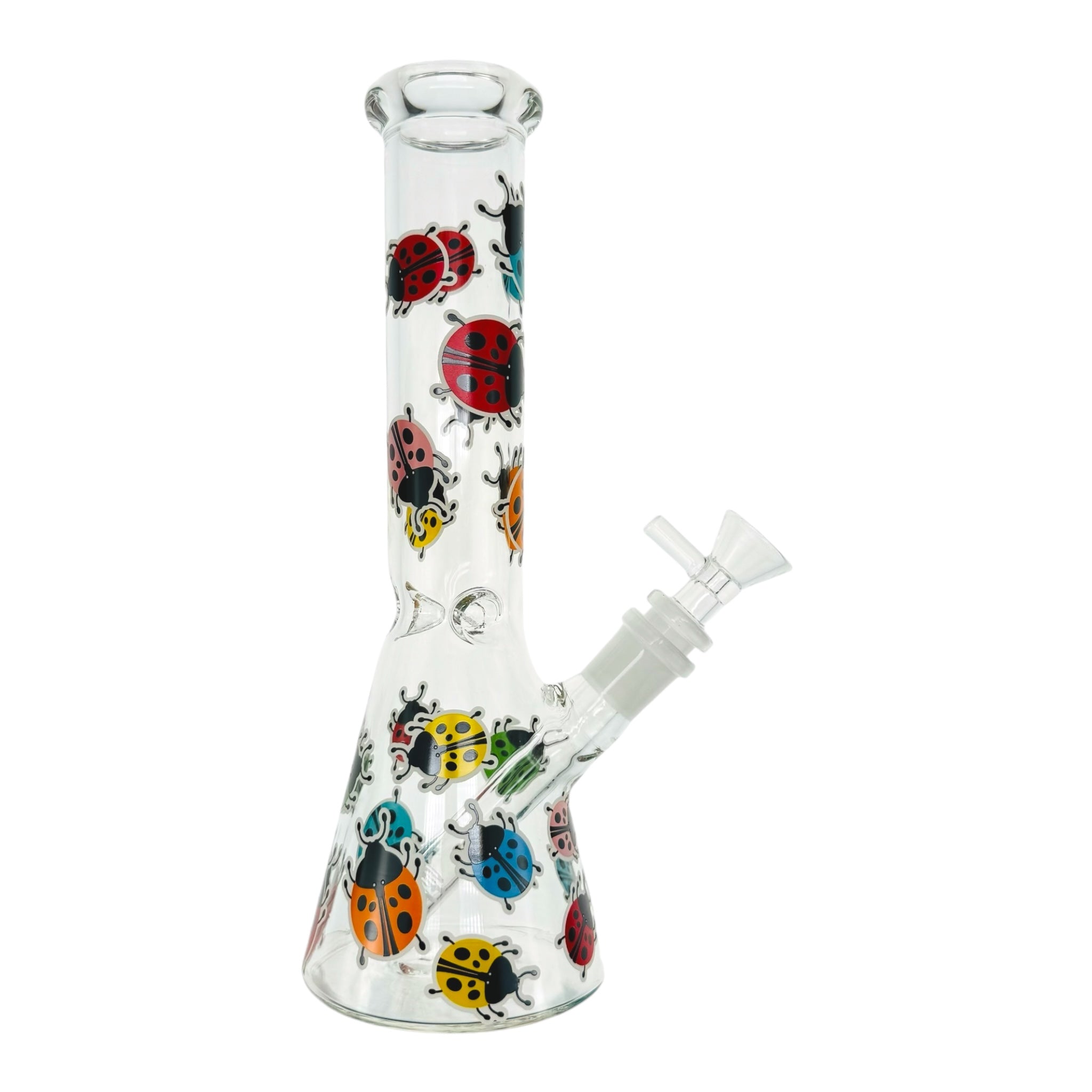 Clear Beaker Glass Bong With Rainbow Lady Bugs 10 Inch