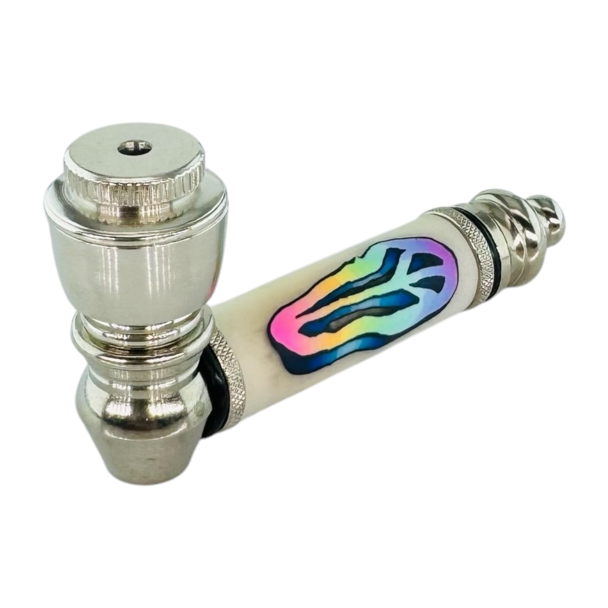 Silver Chrome metal smoking Hand Pipe With Rainbow Fade Peace Sign