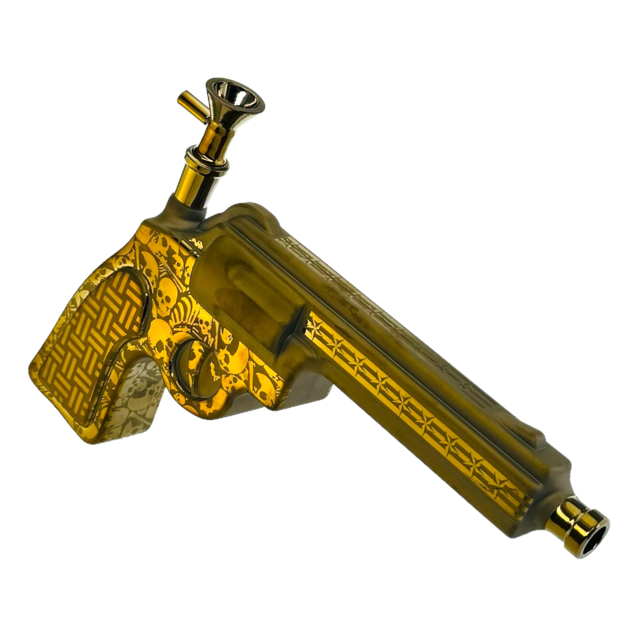 Gold Hand Gun Bong With Skulls