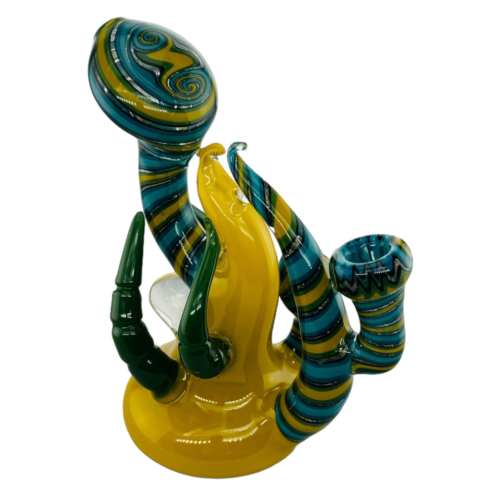 heady glass Yellow Large Glass Hand Pipe Bubbler With Blue Linework And Green Horns