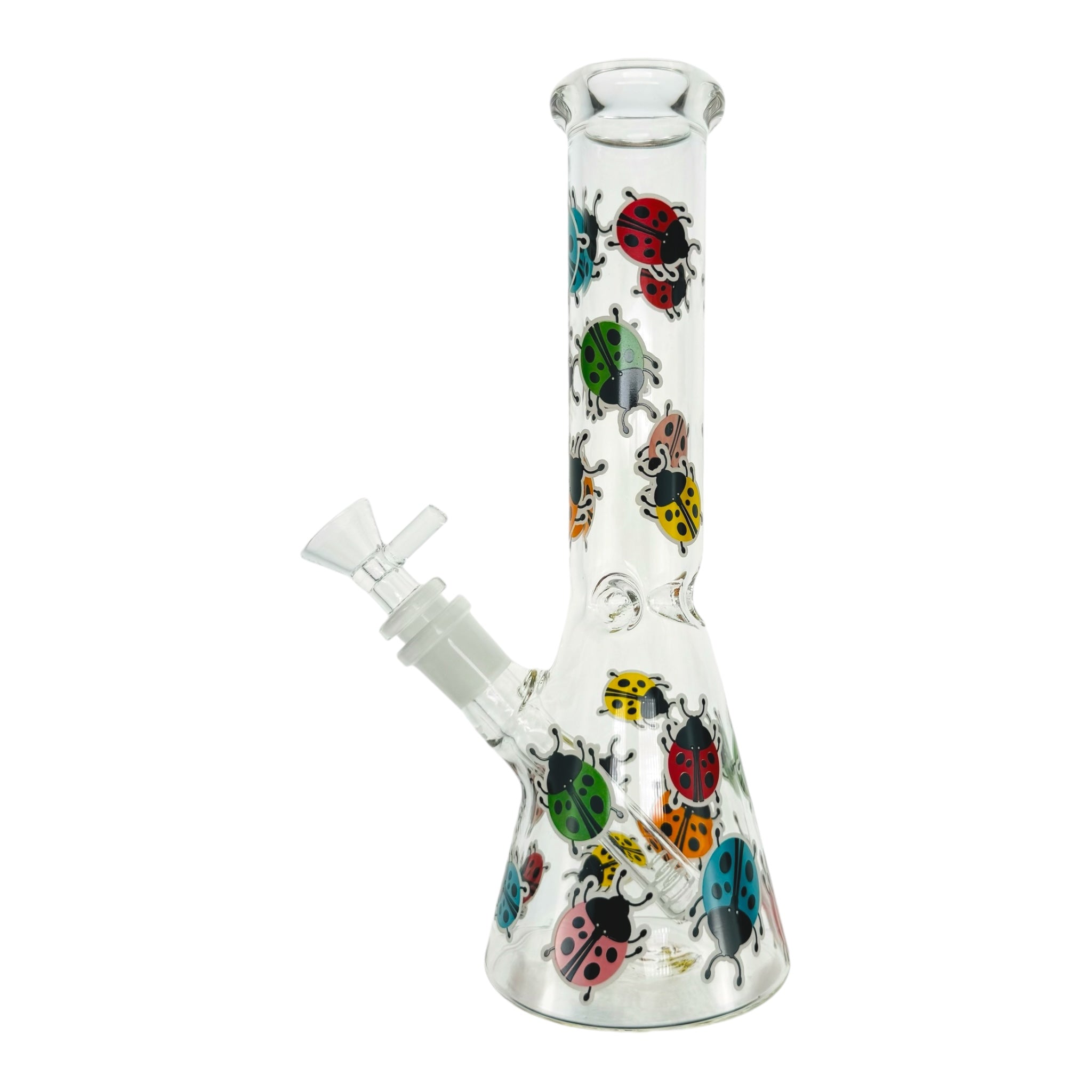 Clear Beaker Glass Bong With Rainbow Lady Bugs 10 Inch