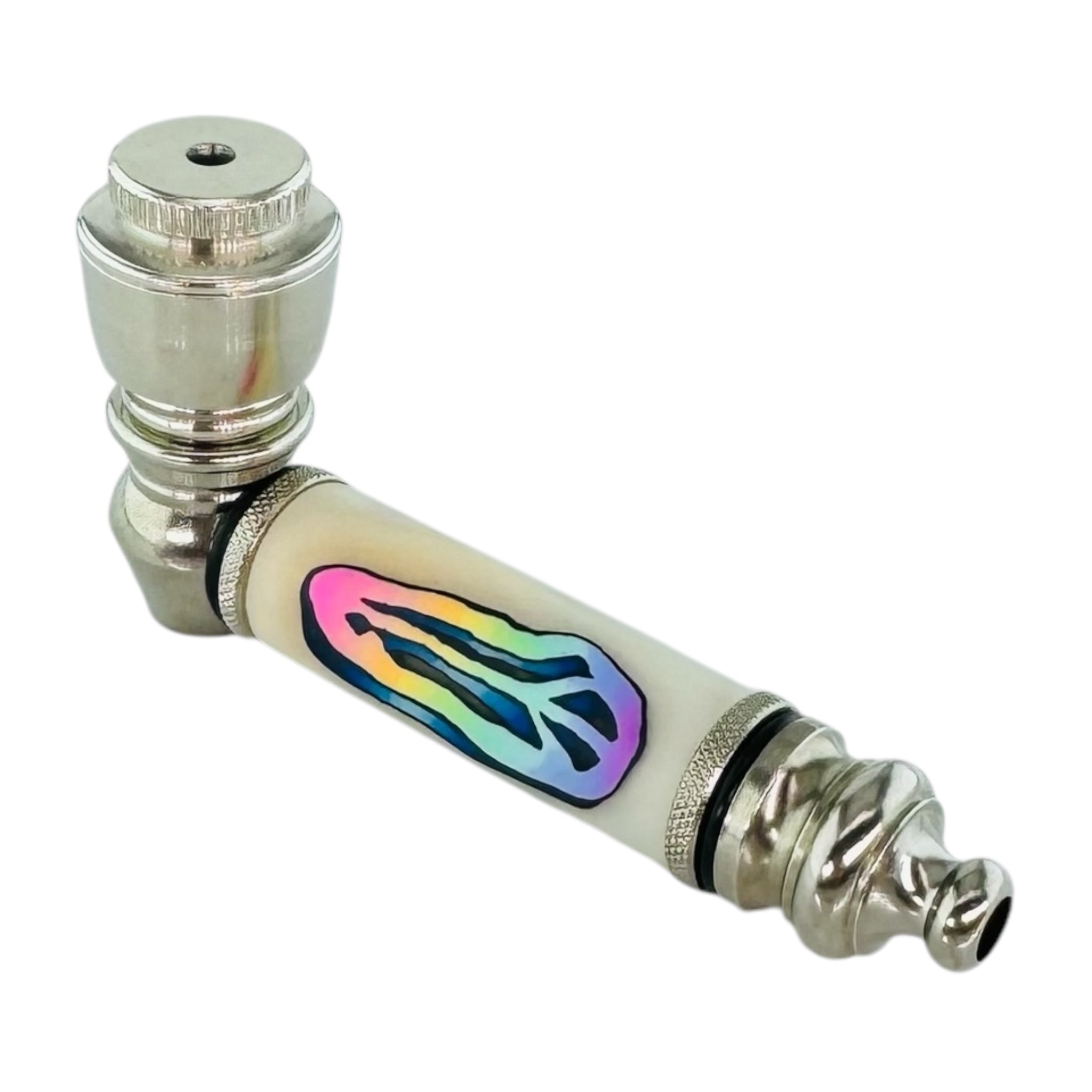 Silver Chrome metal smoking Hand Pipe With Rainbow Fade Peace Sign