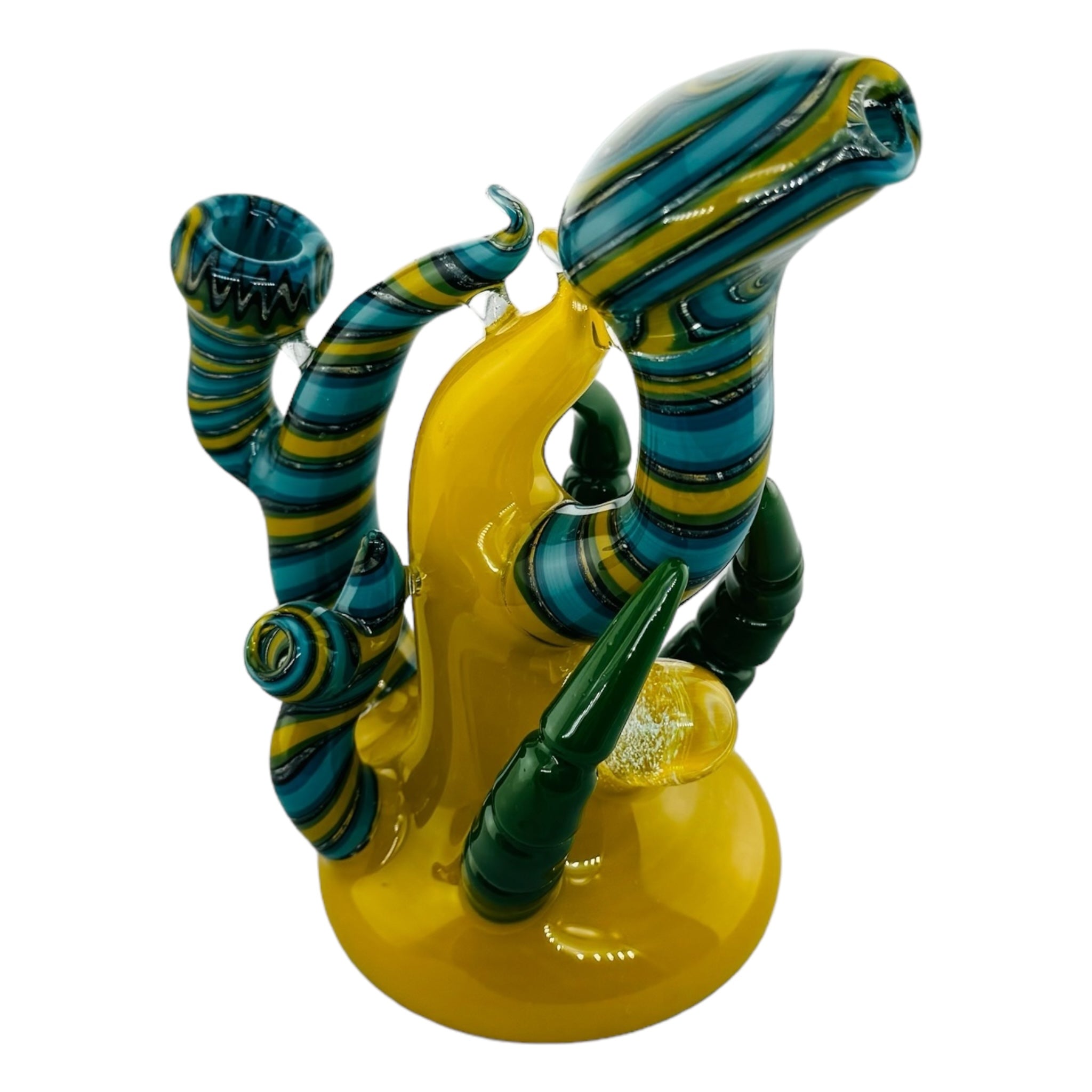 heady glass Yellow Large Glass Hand Pipe Bubbler With Blue Linework And Green Horns