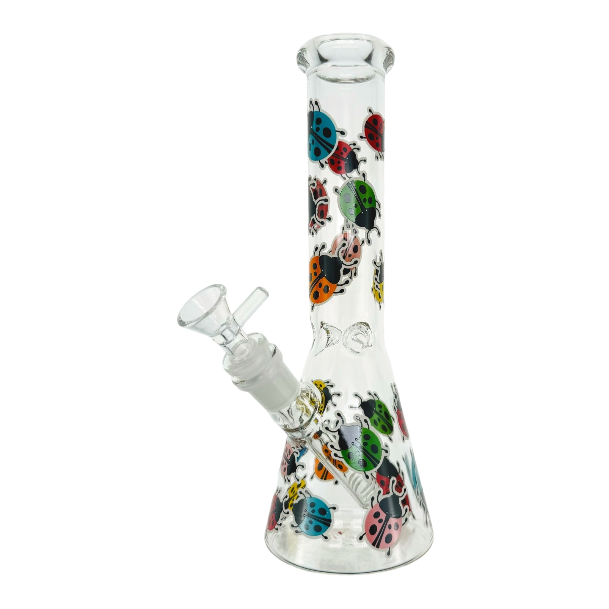 Clear Beaker Glass Bong With Rainbow Lady Bugs 10 Inch