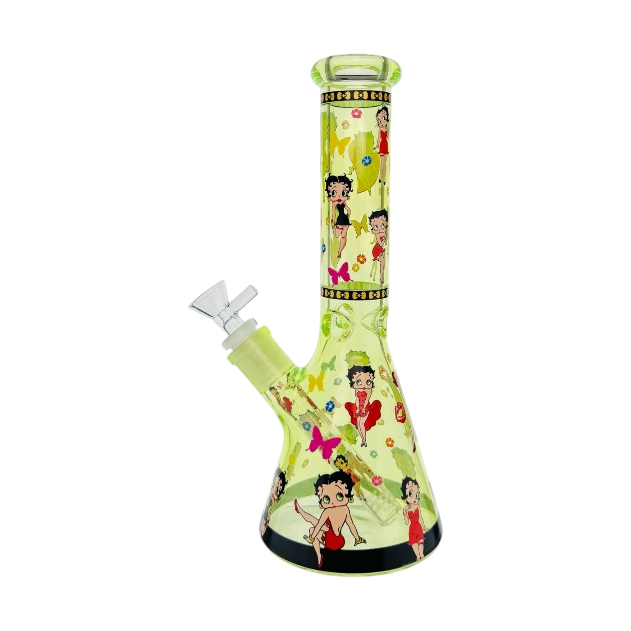 Decorative glass water pipe with cartoon character betty boop on a white background