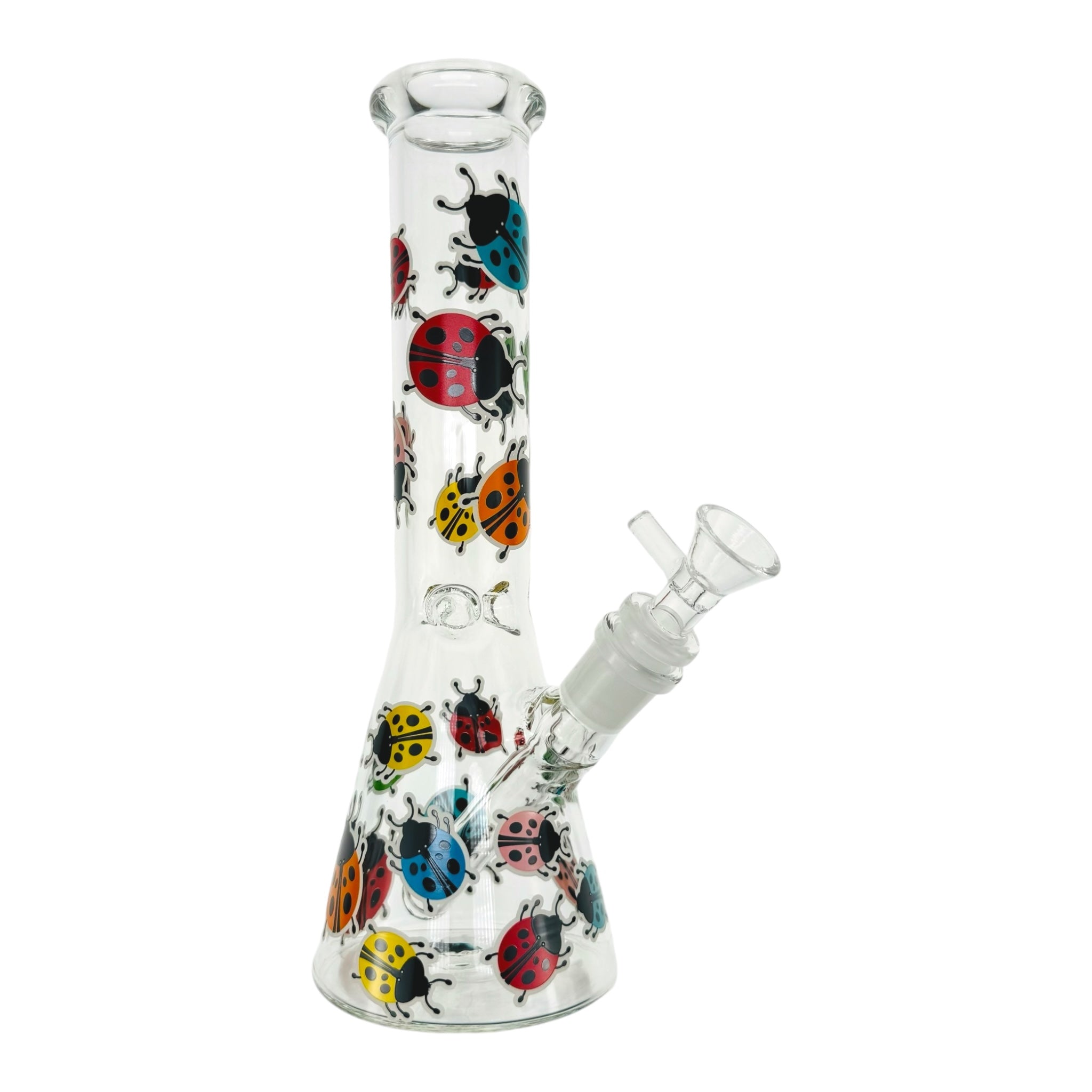 Clear Beaker Glass Bong With Rainbow Lady Bugs 10 Inch