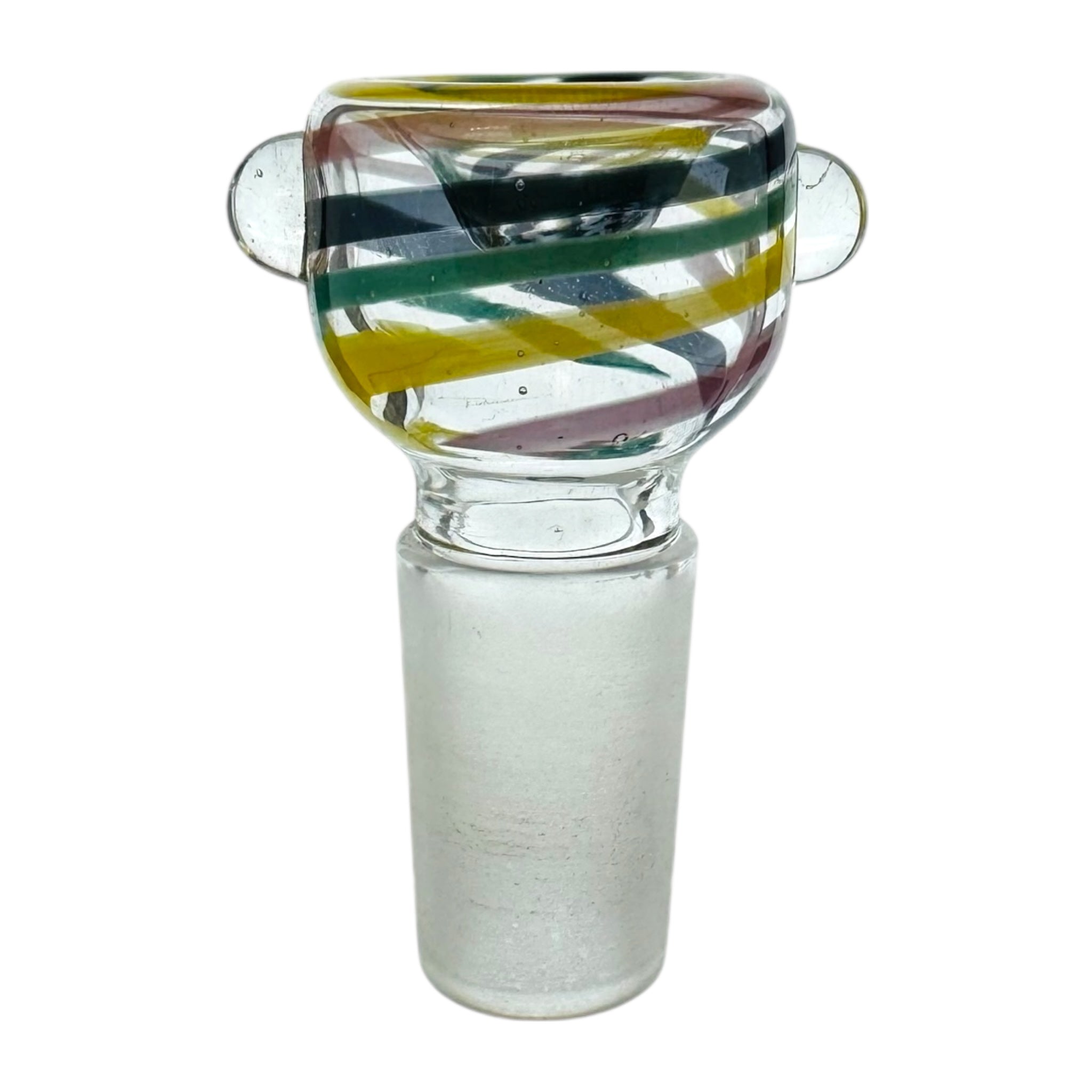 Glass smoking accessory with multicolored striped top on a white background
