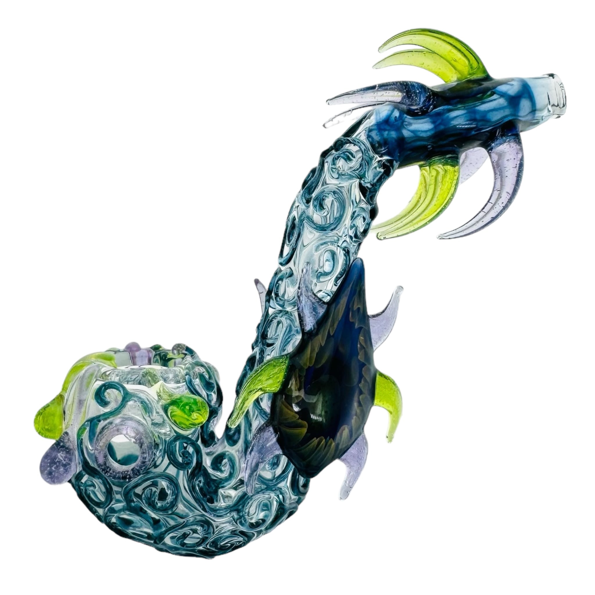 Heady Glass Sherlock for cannabis With Blue And Green Horns And Linework for sale